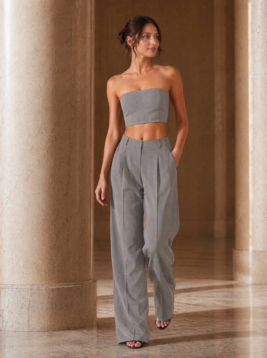 Strapless Bandeau Top & Wide Leg Pants Set