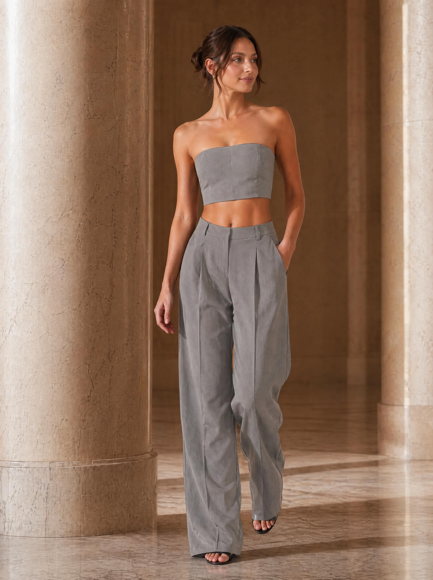 Strapless Bandeau Top & Wide Leg Pants Set
