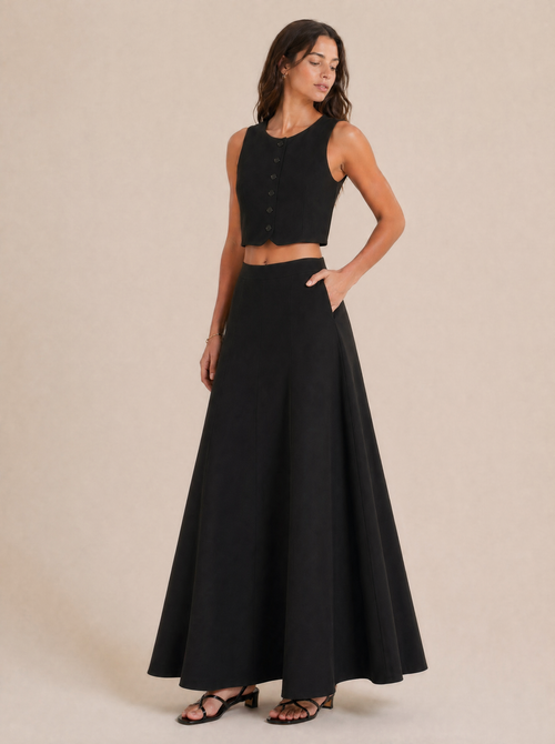 Button-Front Sleeveless Top & Maxi Skirt Set in Black — 3/4 angle view