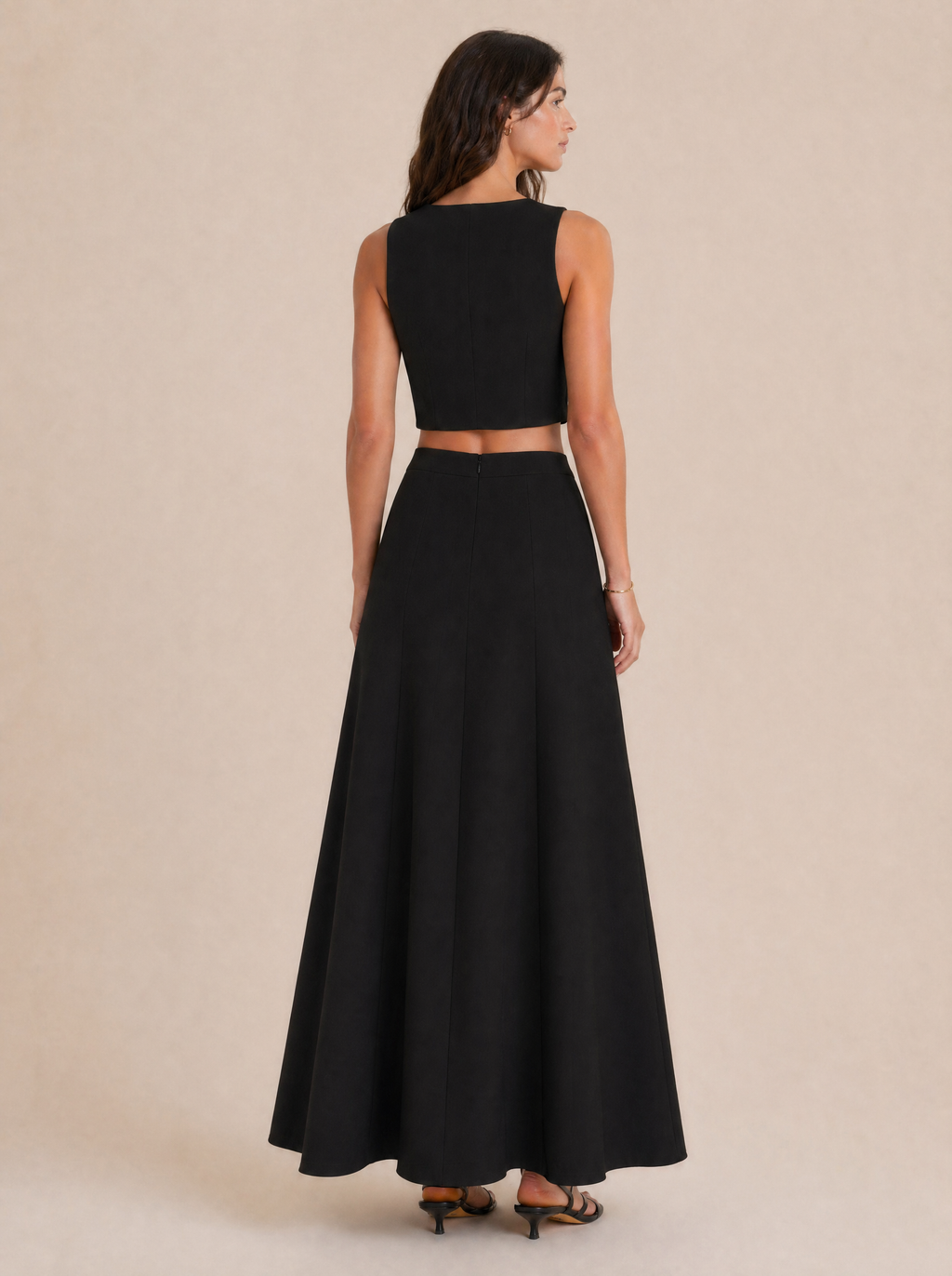 Button-Front Sleeveless Top & Maxi Skirt Set in Black — Back view