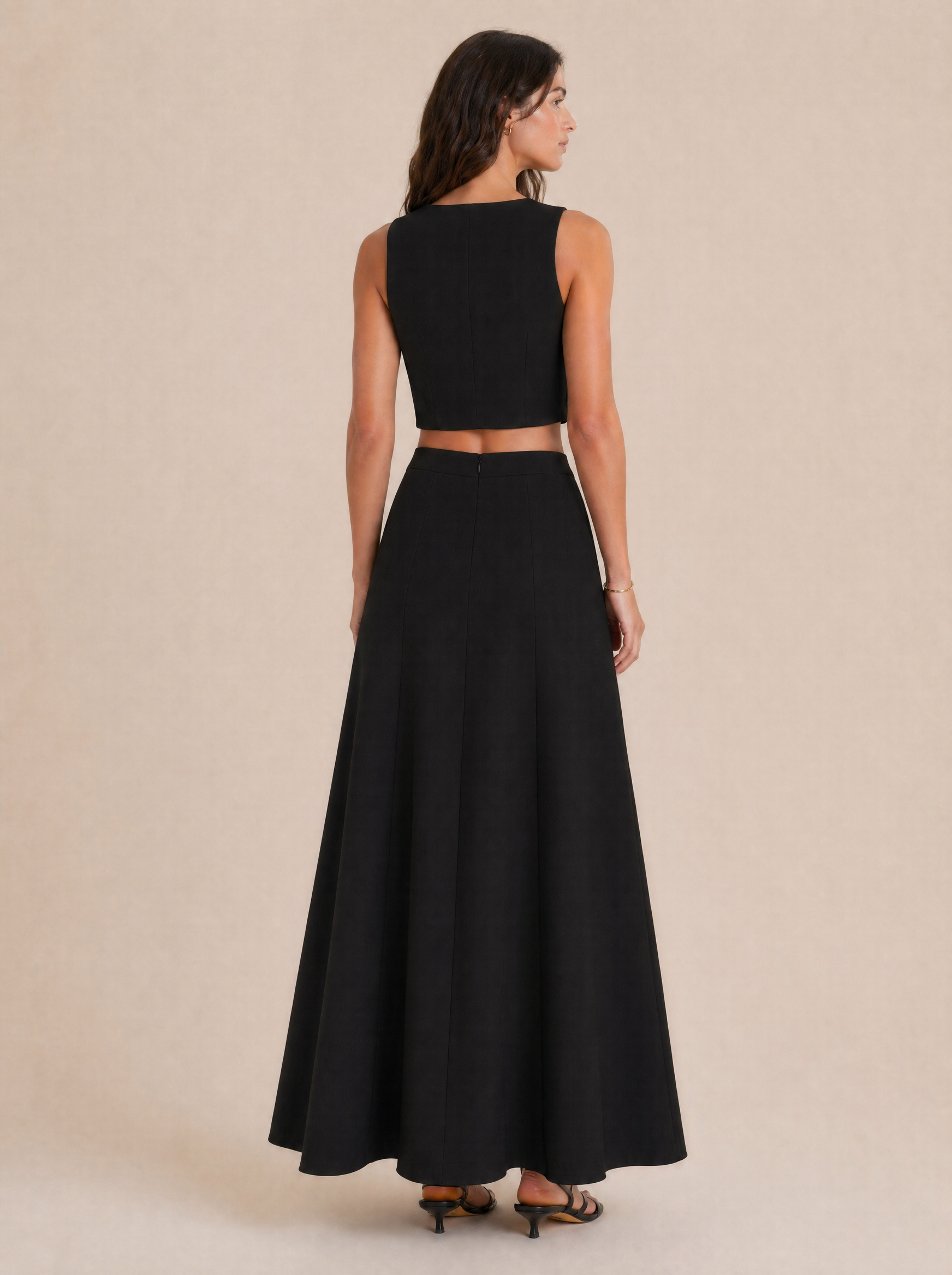 Button-Front Sleeveless Top & Maxi Skirt Set in Black — Back view