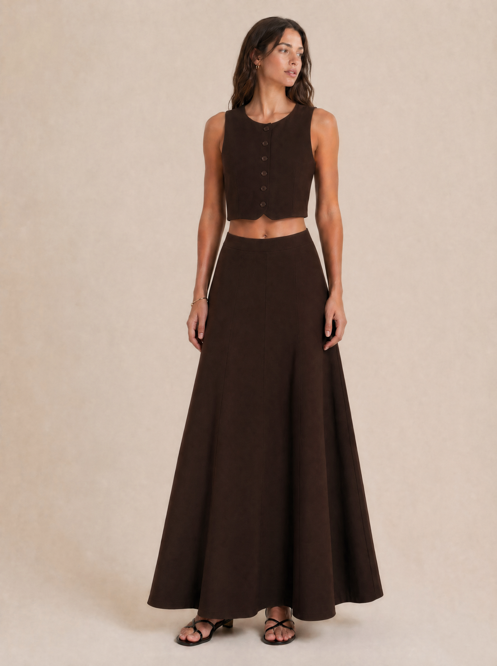 Button-Front Sleeveless Top & Maxi Skirt Set in Chocolate Brown — Front view