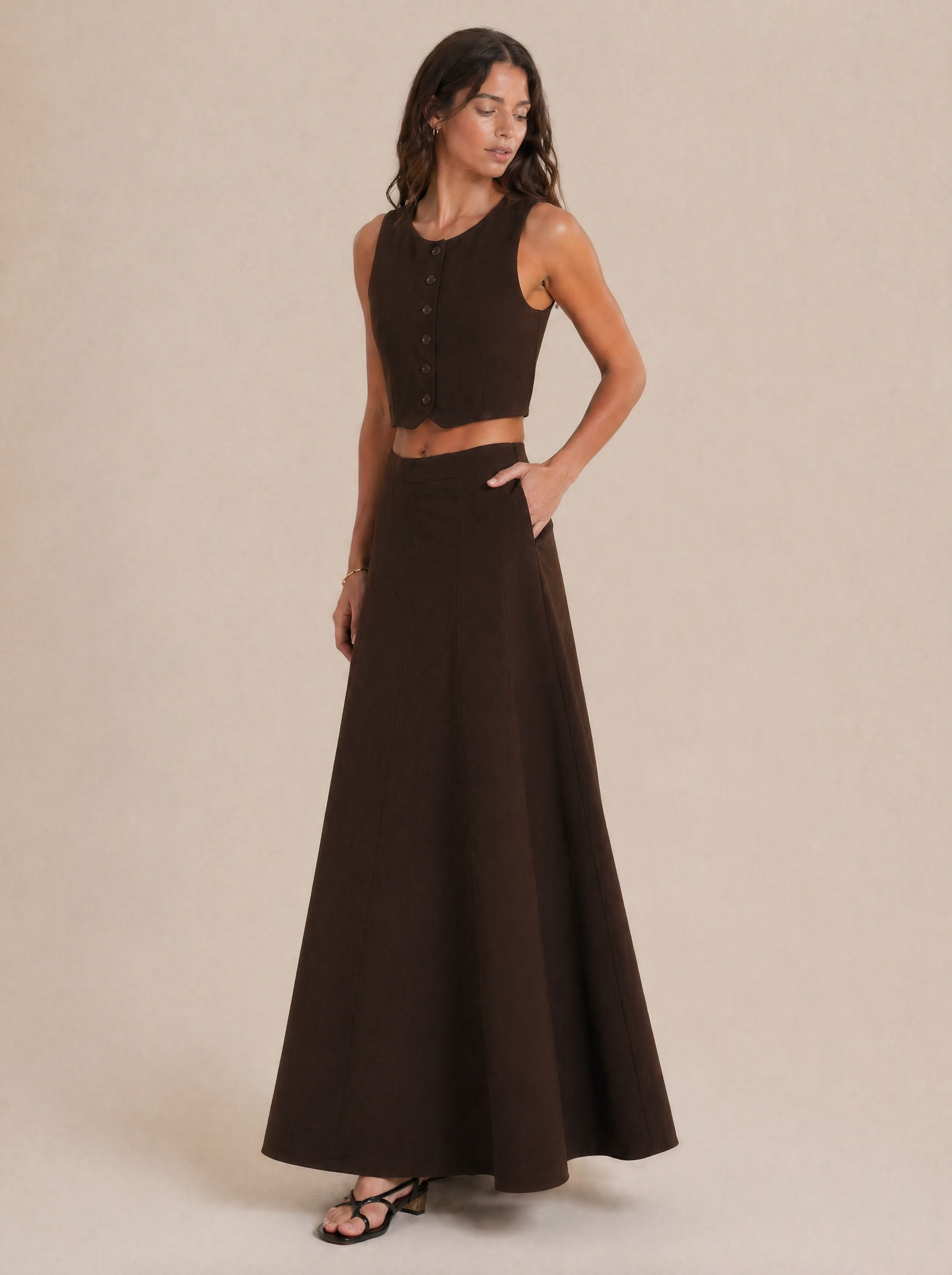 Button-Front Sleeveless Top & Maxi Skirt Set in Chocolate Brown — 3/4 angle view
