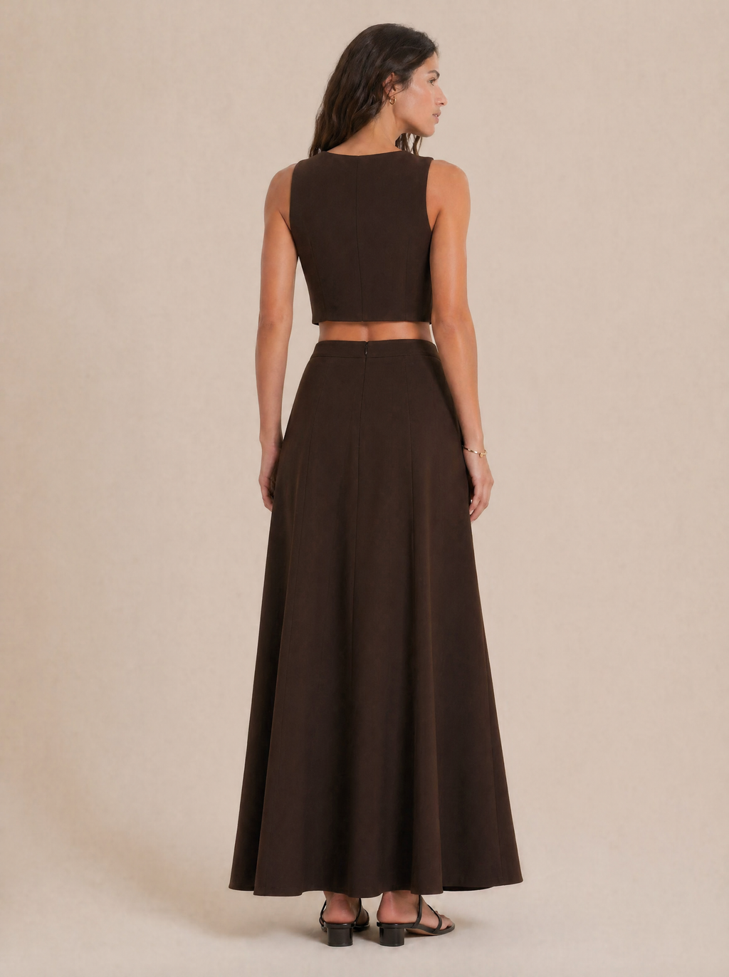 Button-Front Sleeveless Top & Maxi Skirt Set in Chocolate Brown — Back view