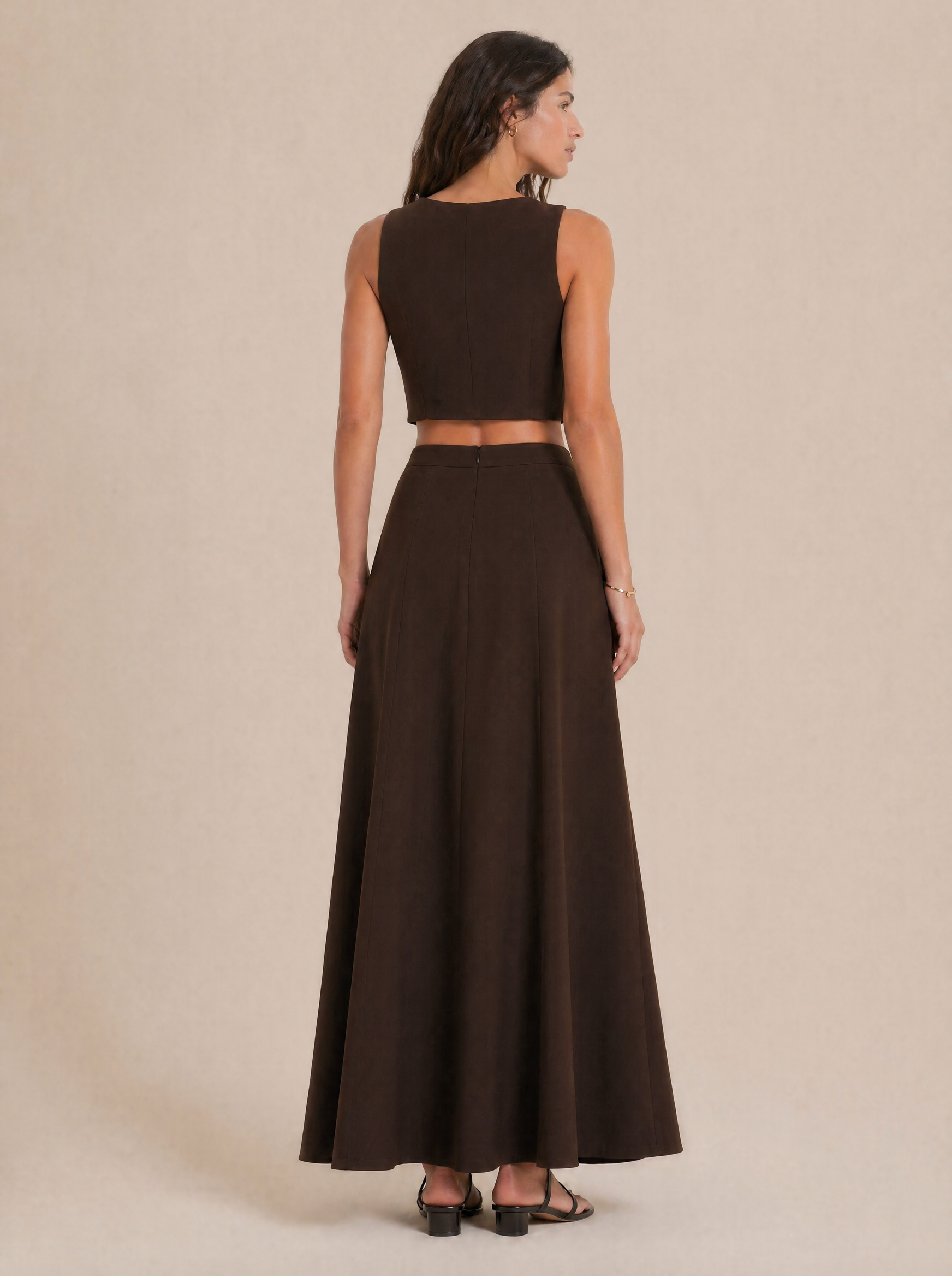 Button-Front Sleeveless Top & Maxi Skirt Set in Chocolate Brown — Back view