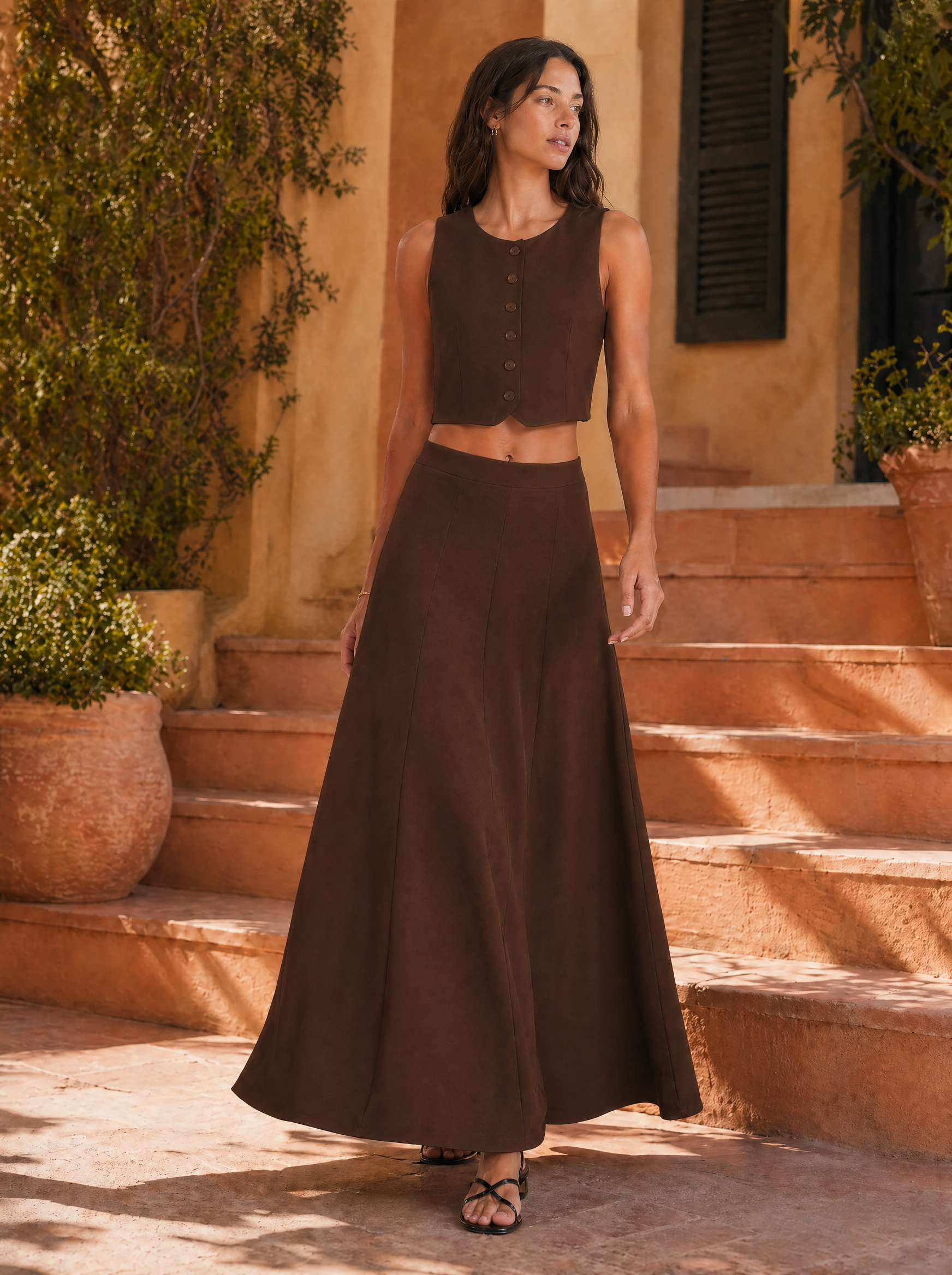 Button-Front Sleeveless Top & Maxi Skirt Set in Chocolate Brown — Lifestyle full