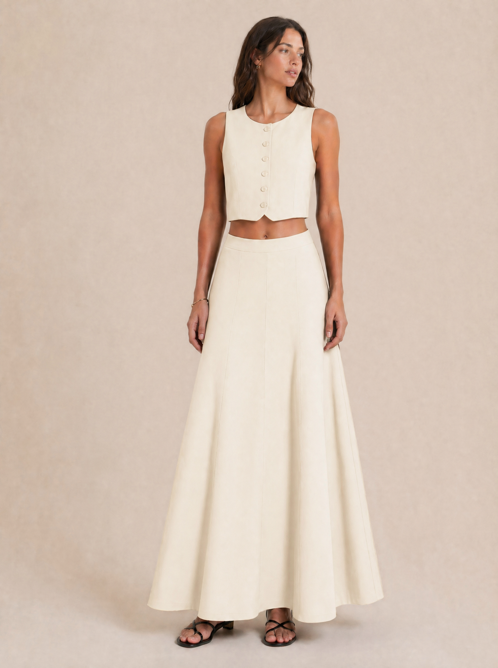Button-Front Sleeveless Top & Maxi Skirt Set in Cream/Ivory — Front view