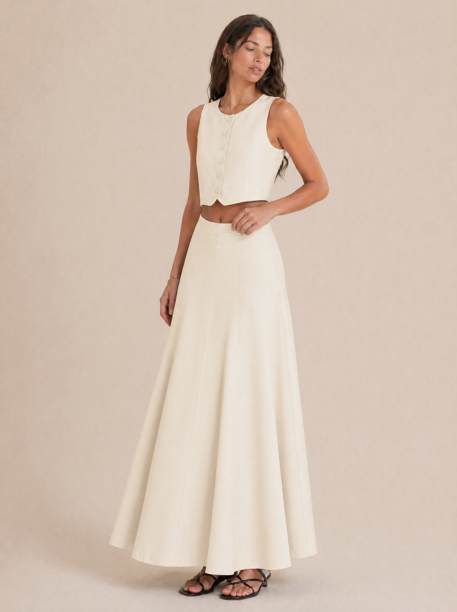 Button-Front Sleeveless Top & Maxi Skirt Set in Cream/Ivory — 3/4 angle view