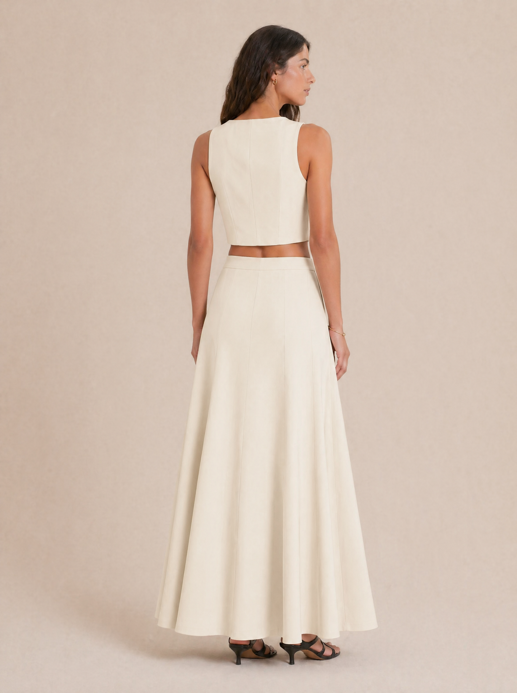 Button-Front Sleeveless Top & Maxi Skirt Set in Cream/Ivory — Back view