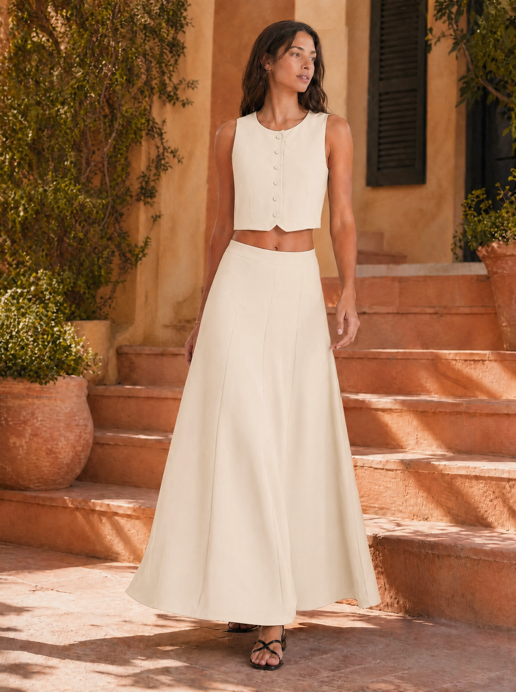 Button-Front Sleeveless Top & Maxi Skirt Set in Cream/Ivory — Lifestyle full