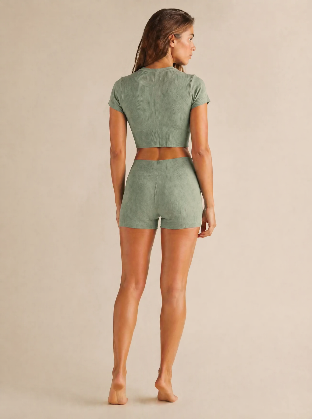 Ribbed Crop Tee & Shorts Set in Sage Green — Back view