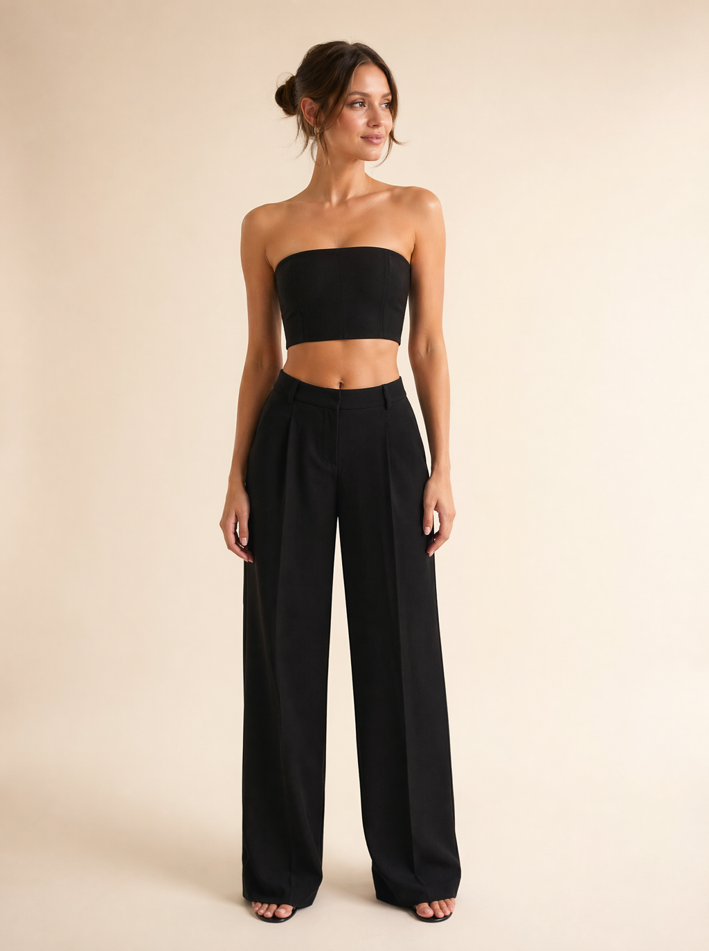 Strapless Bandeau Top & Wide Leg Pants Set in Black — Front view