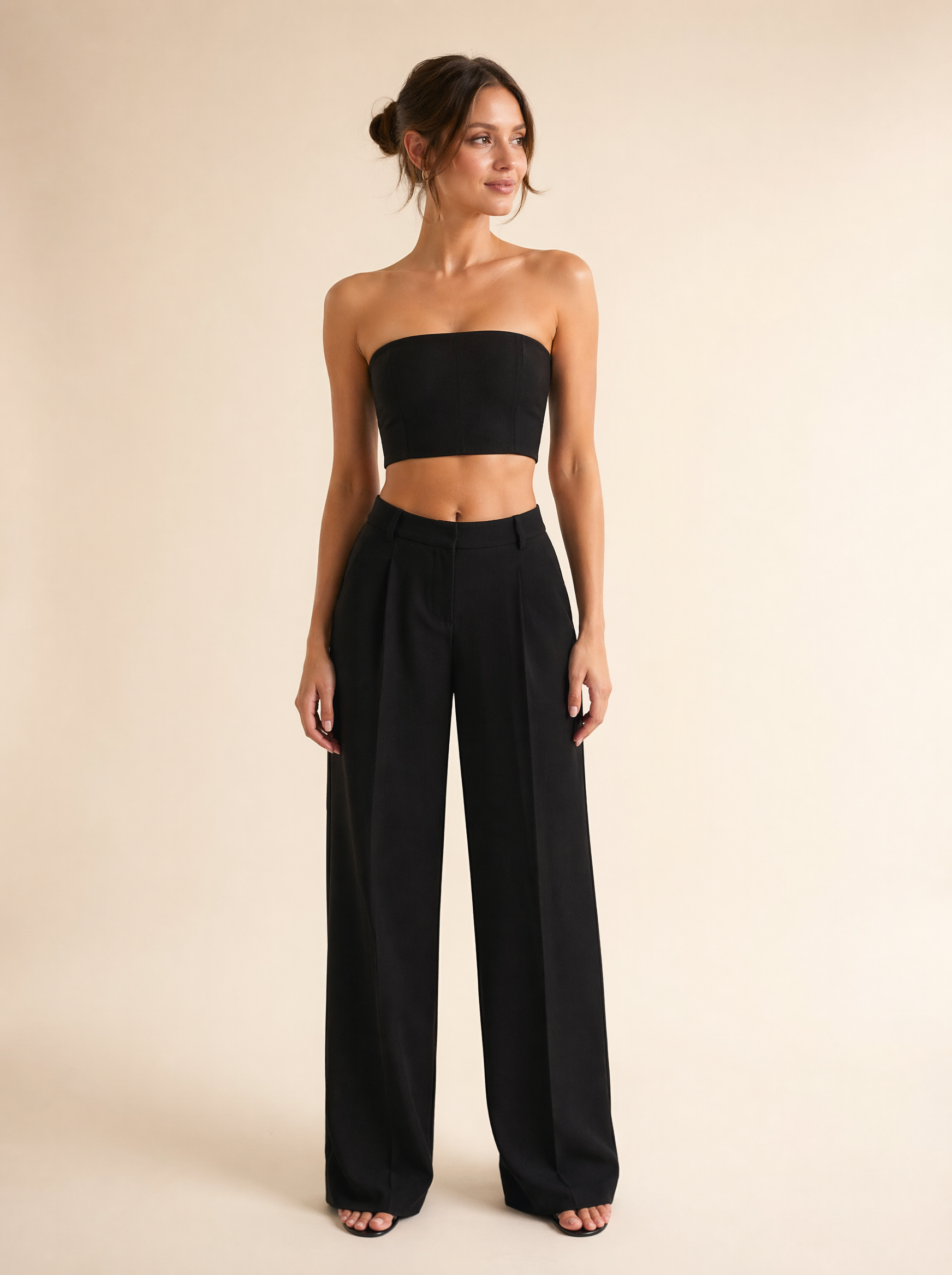 Strapless Bandeau Top & Wide Leg Pants Set in Black — Front view