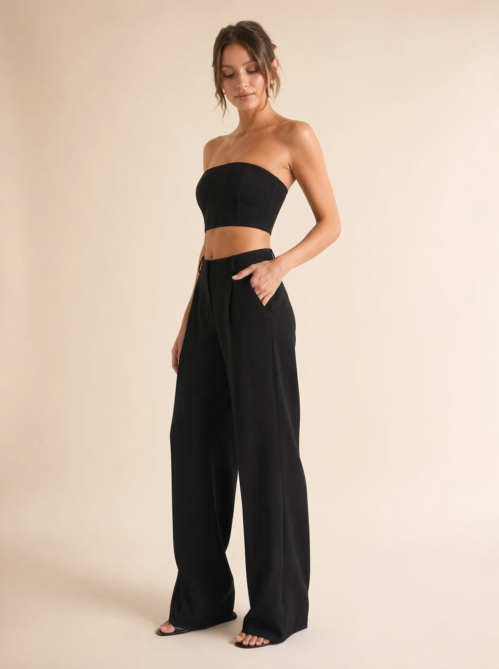 Strapless Bandeau Top & Wide Leg Pants Set in Black — 3/4 angle view