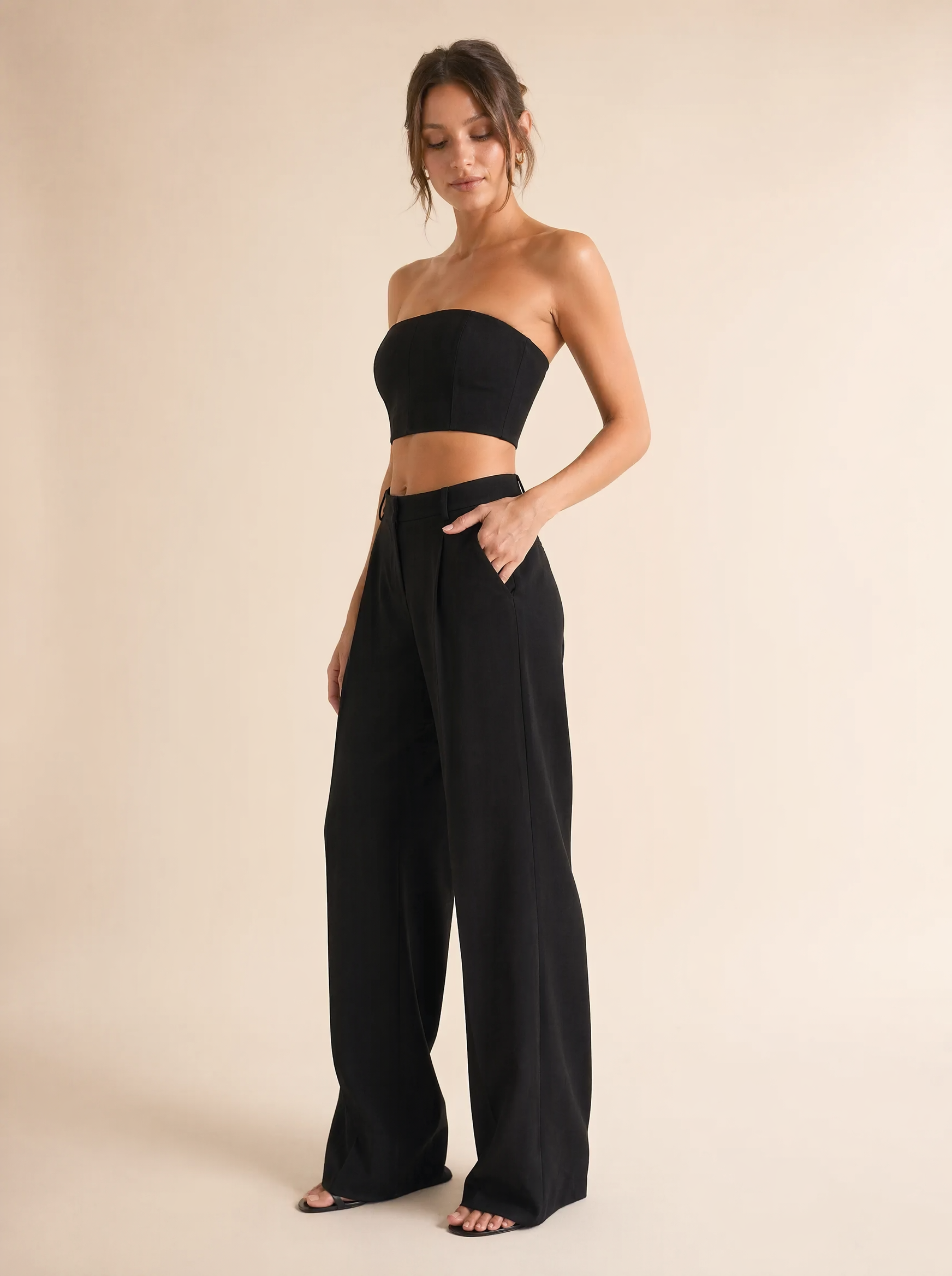 Strapless Bandeau Top & Wide Leg Pants Set in Black — 3/4 angle view