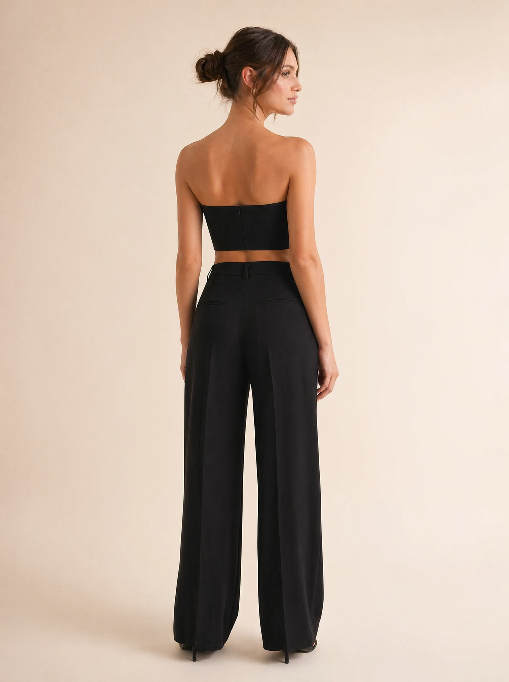 Strapless Bandeau Top & Wide Leg Pants Set in Black — Back view