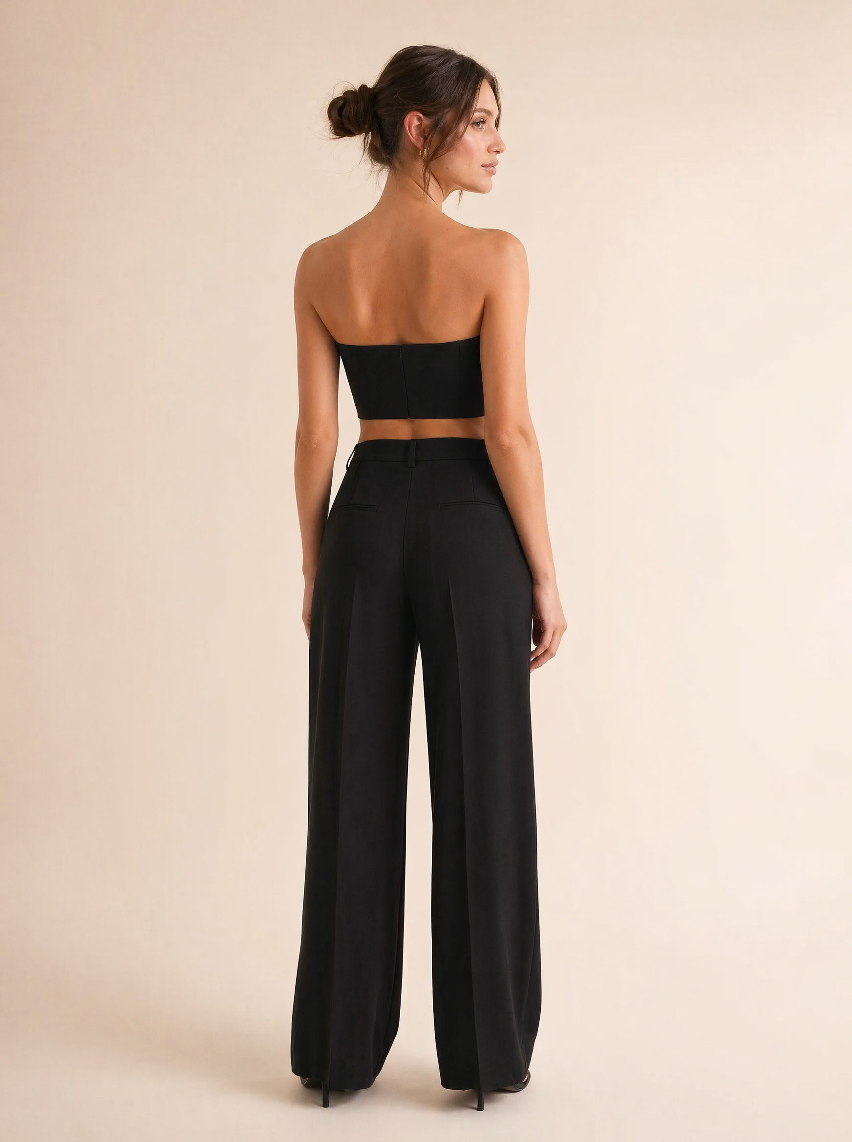 Strapless Bandeau Top & Wide Leg Pants Set in Black — Back view