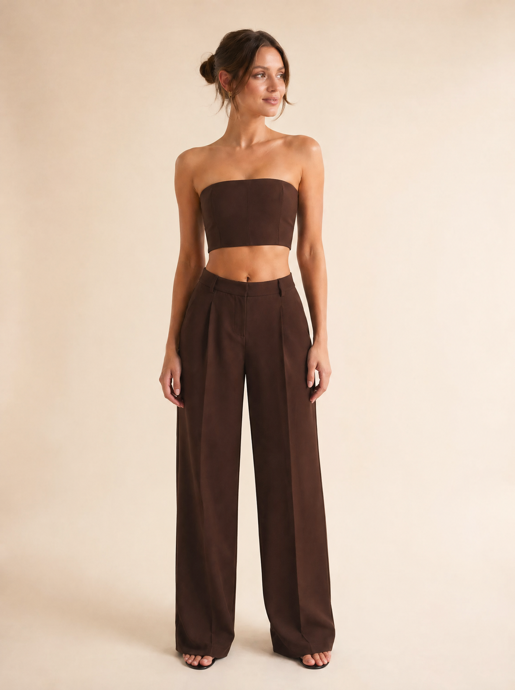 Strapless Bandeau Top & Wide Leg Pants Set in Chocolate Brown — Front view