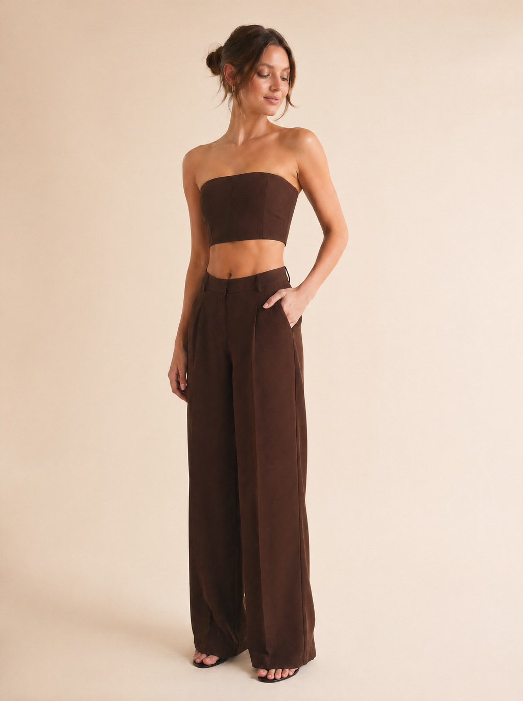 Strapless Bandeau Top & Wide Leg Pants Set in Chocolate Brown — 3/4 angle view