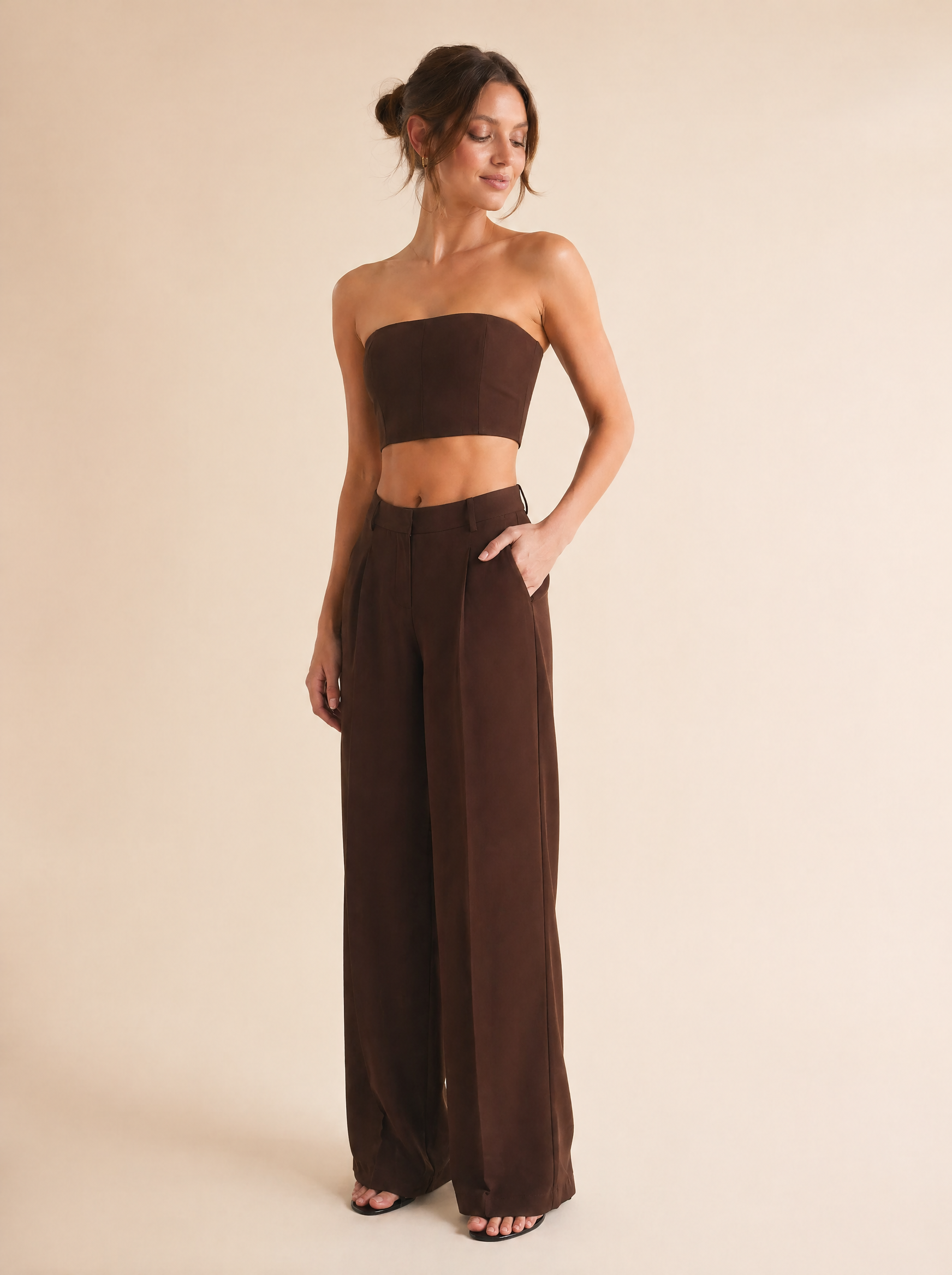 Strapless Bandeau Top & Wide Leg Pants Set in Chocolate Brown — 3/4 angle view