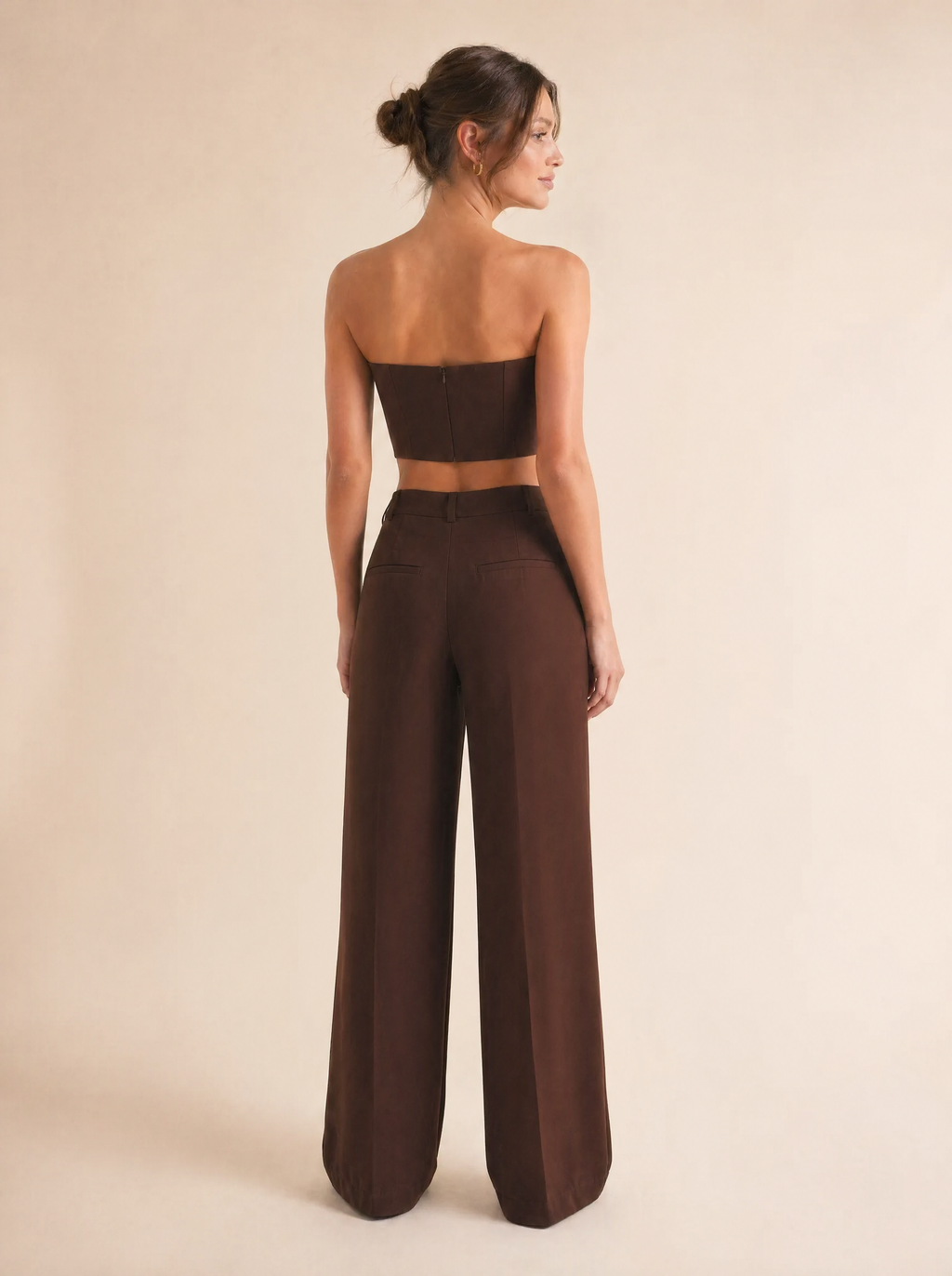 Strapless Bandeau Top & Wide Leg Pants Set in Chocolate Brown — Back view