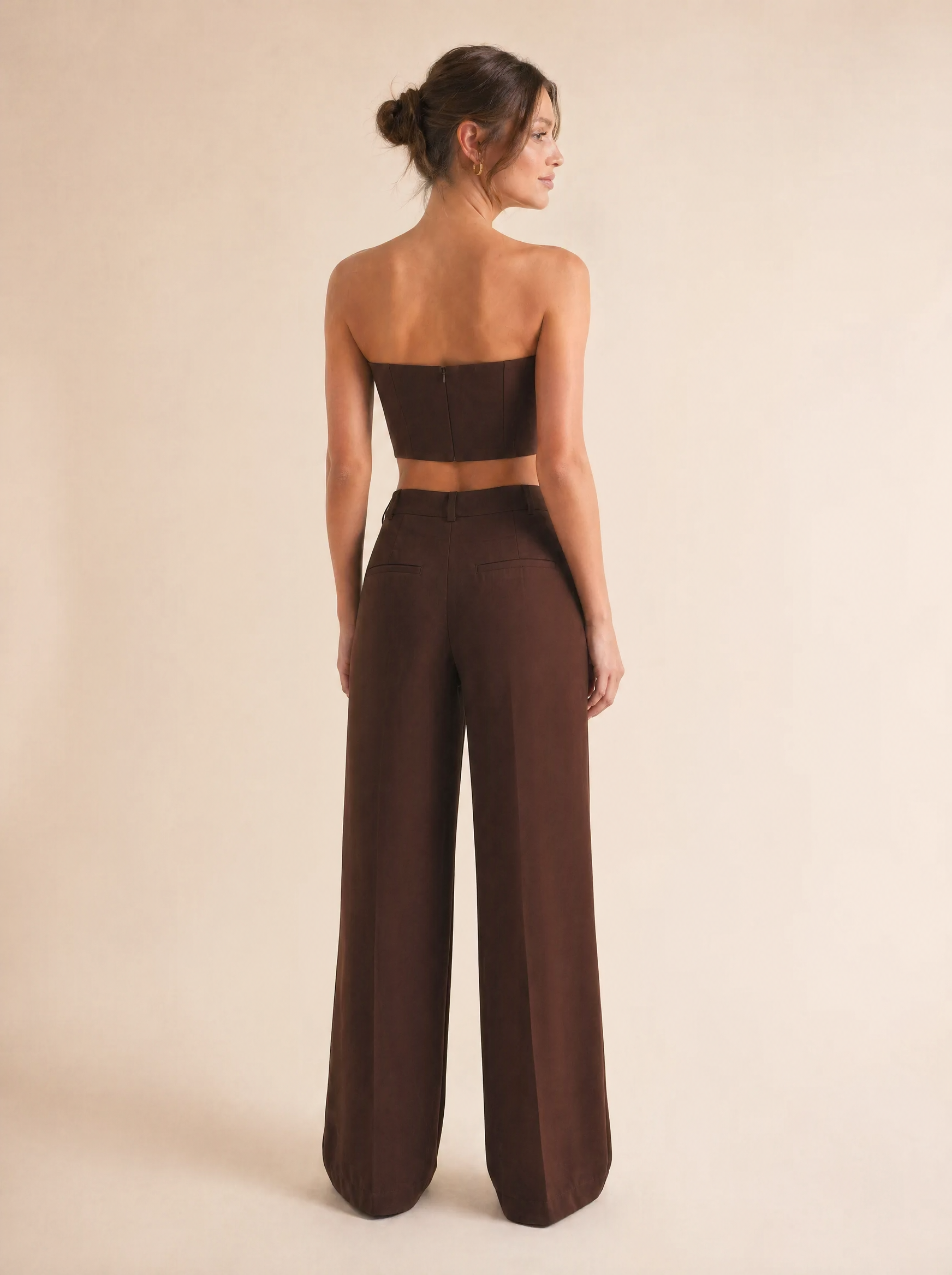 Strapless Bandeau Top & Wide Leg Pants Set in Chocolate Brown — Back view
