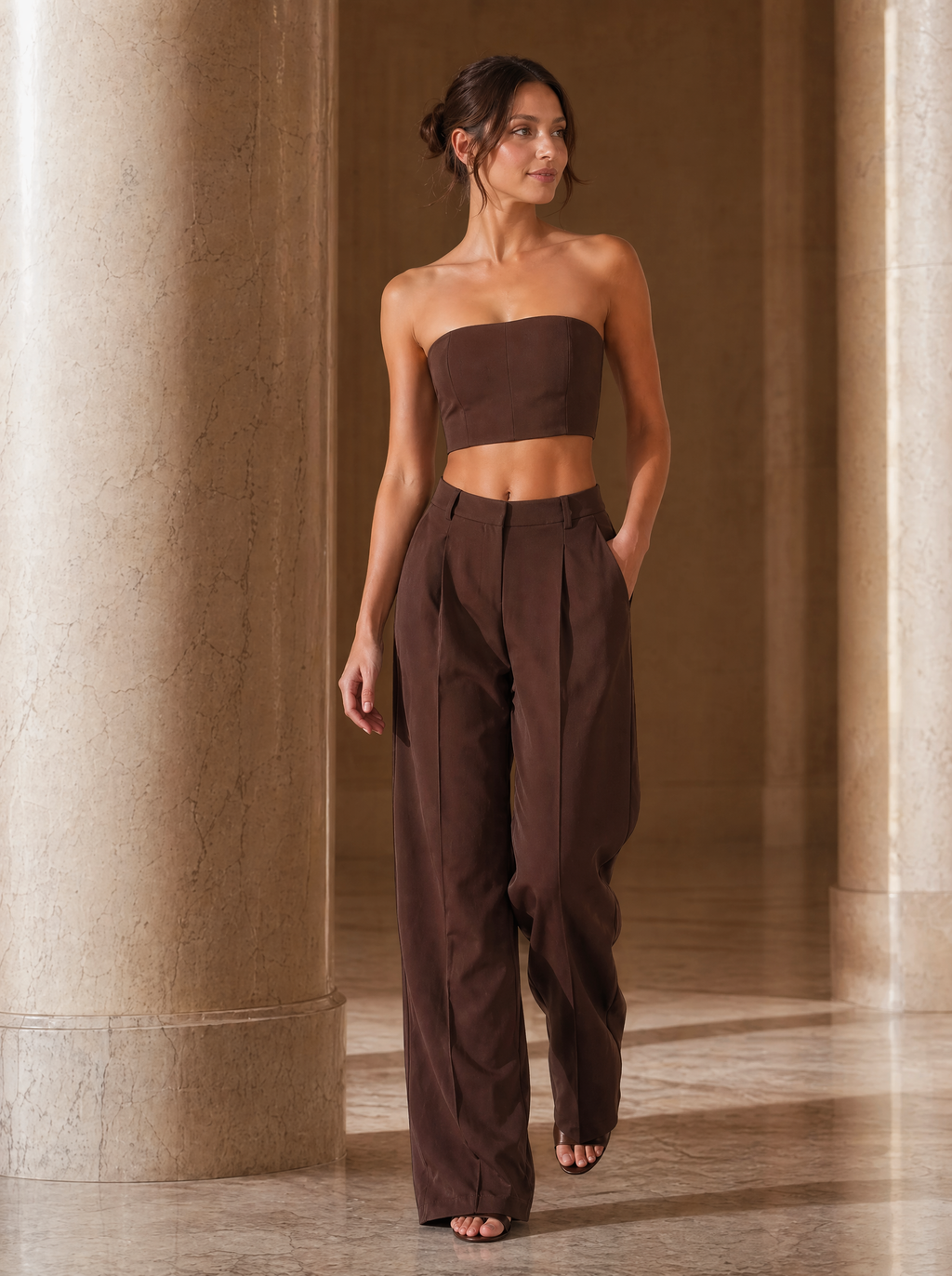 Strapless Bandeau Top & Wide Leg Pants Set in Chocolate Brown — Lifestyle full