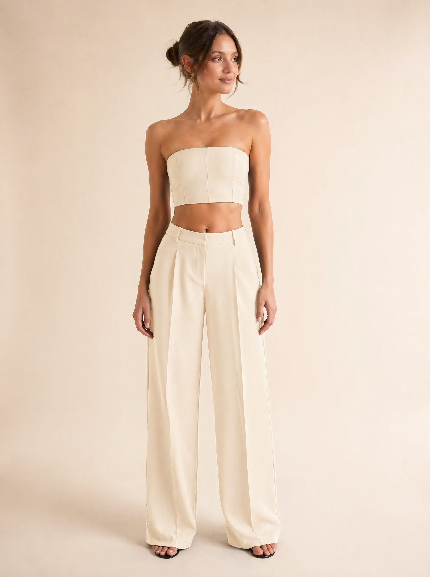 Strapless Bandeau Top & Wide Leg Pants Set in Cream — Front view