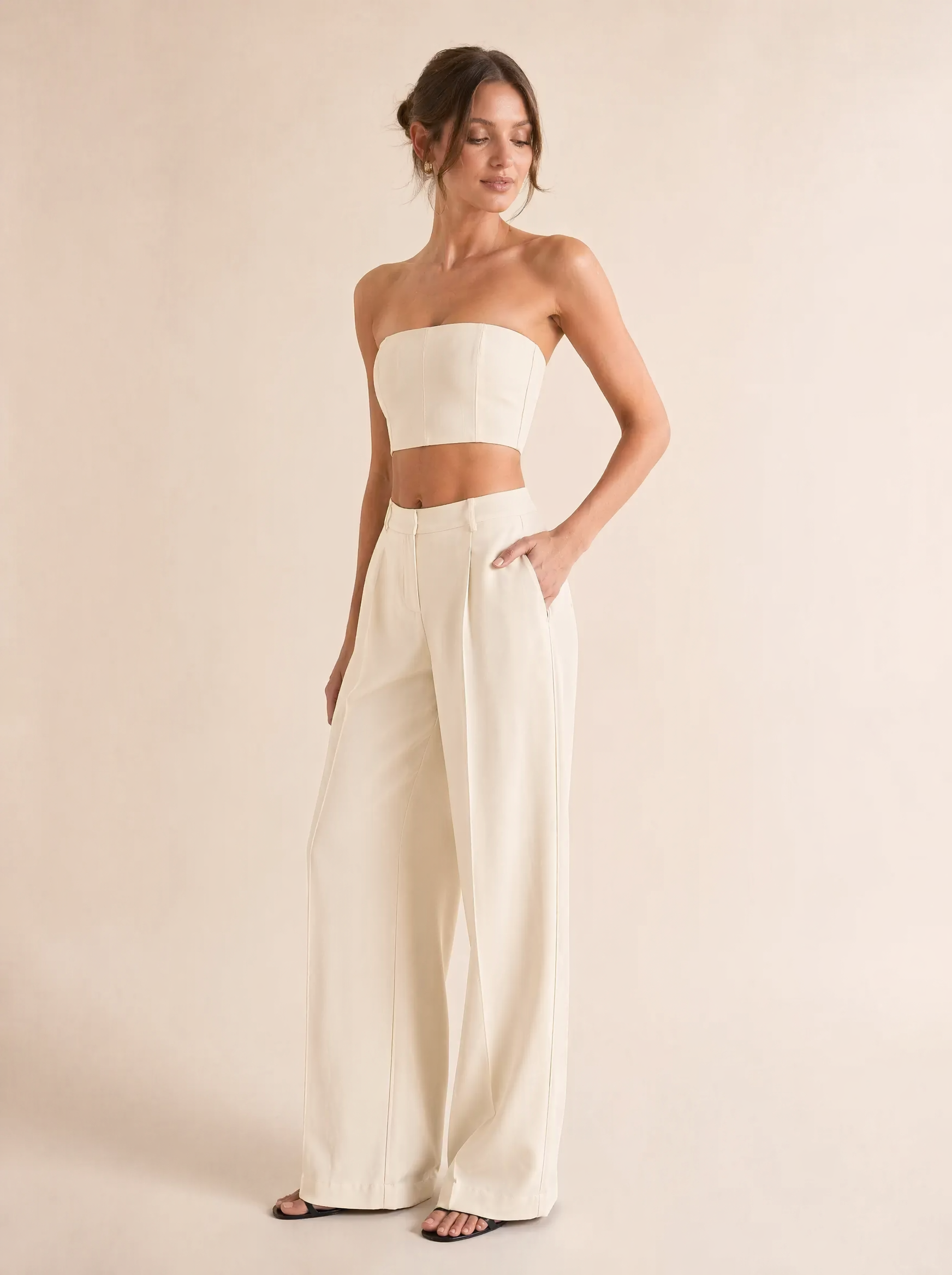 Strapless Bandeau Top & Wide Leg Pants Set in Cream — 3/4 angle view