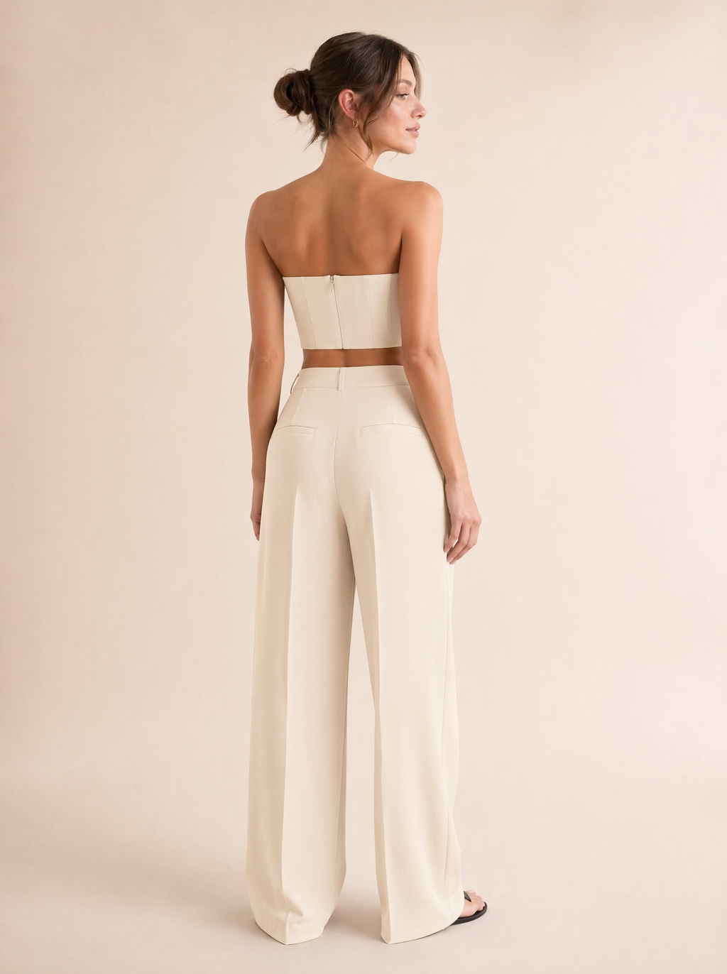Strapless Bandeau Top & Wide Leg Pants Set in Cream — Back view