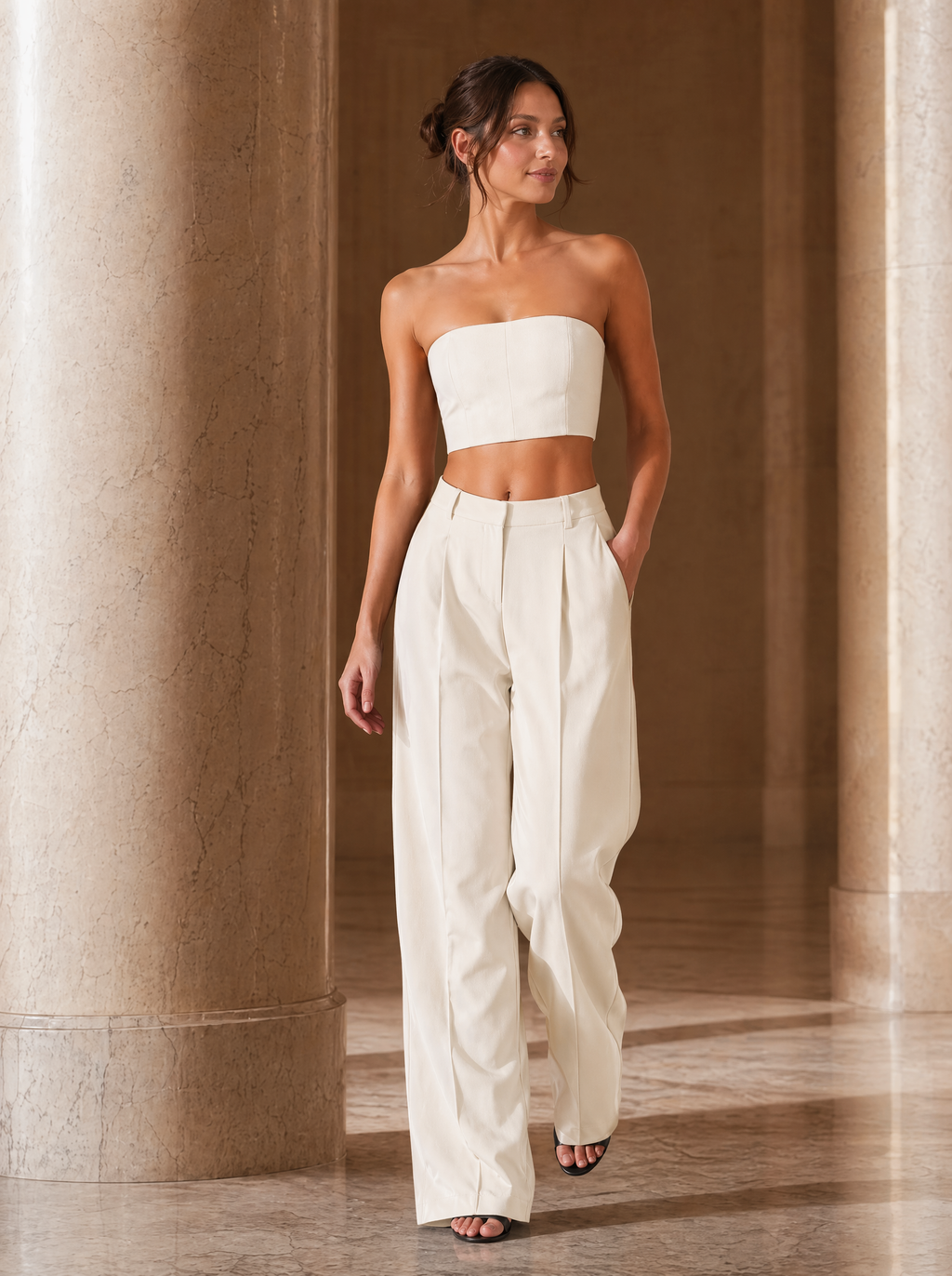 Strapless Bandeau Top & Wide Leg Pants Set in Cream — Lifestyle full