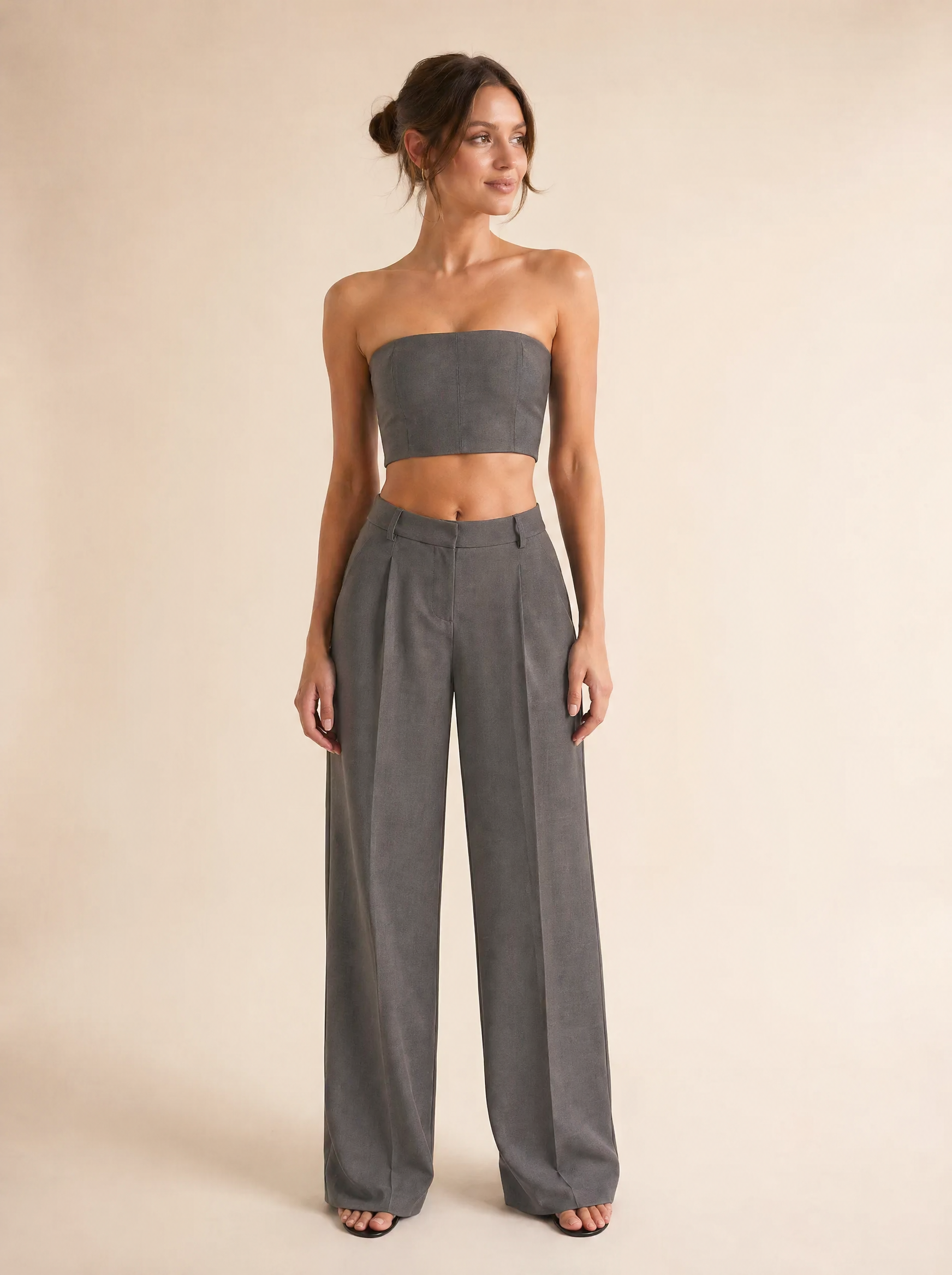 Strapless Bandeau Top & Wide Leg Pants Set in Stone Grey — Front view