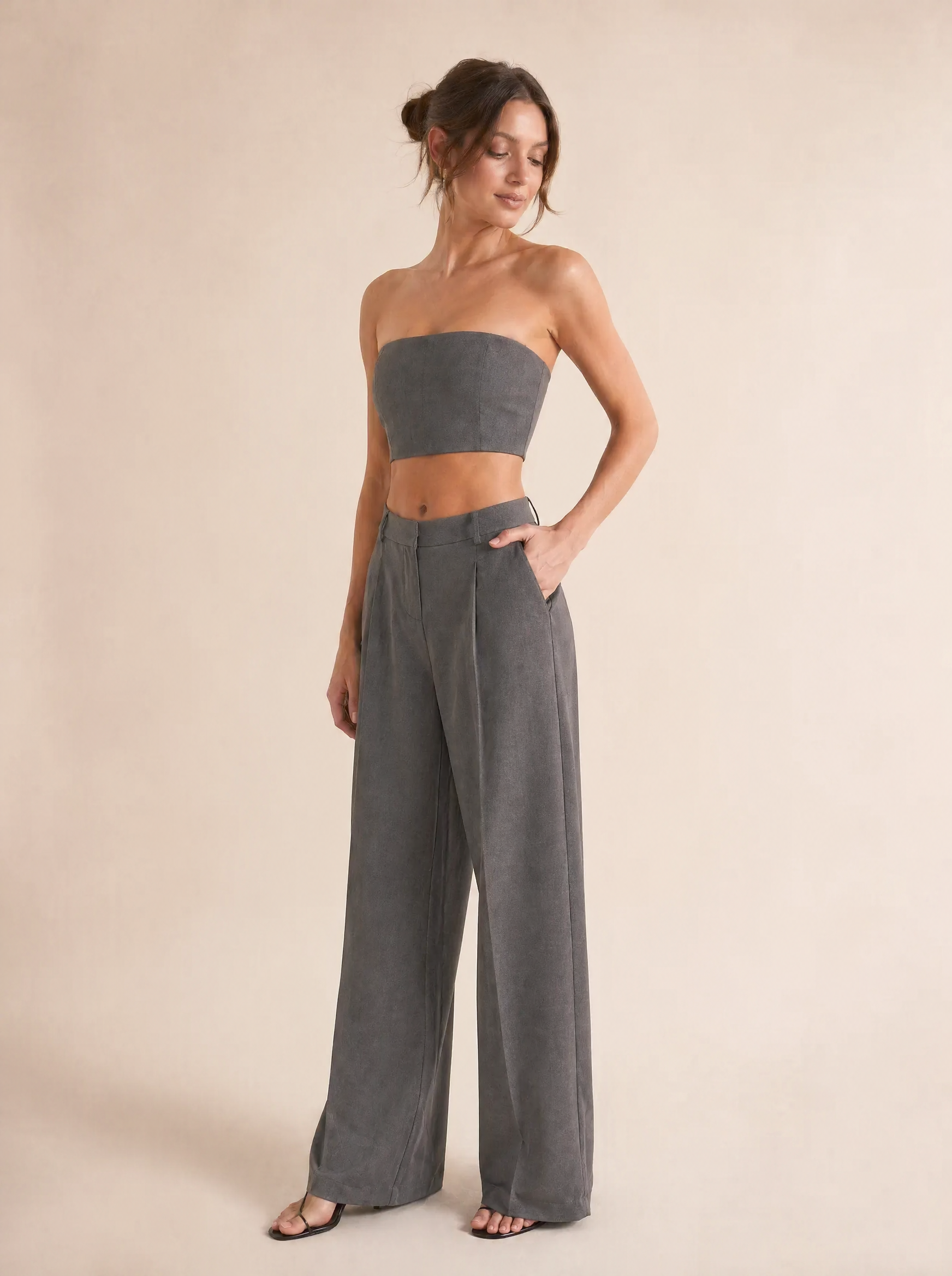 Strapless Bandeau Top & Wide Leg Pants Set in Stone Grey — 3/4 angle view