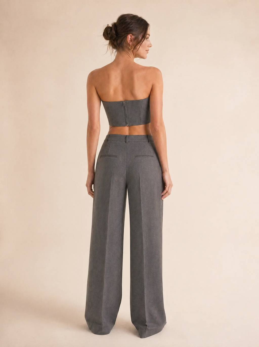 Strapless Bandeau Top & Wide Leg Pants Set in Stone Grey — Back view