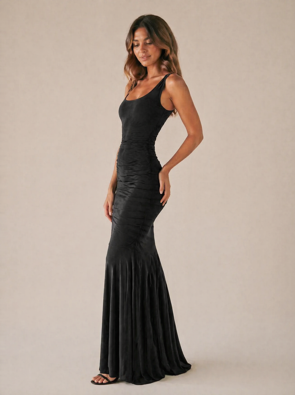 Ruched Sleeveless Maxi Dress in Black — 3/4 angle view