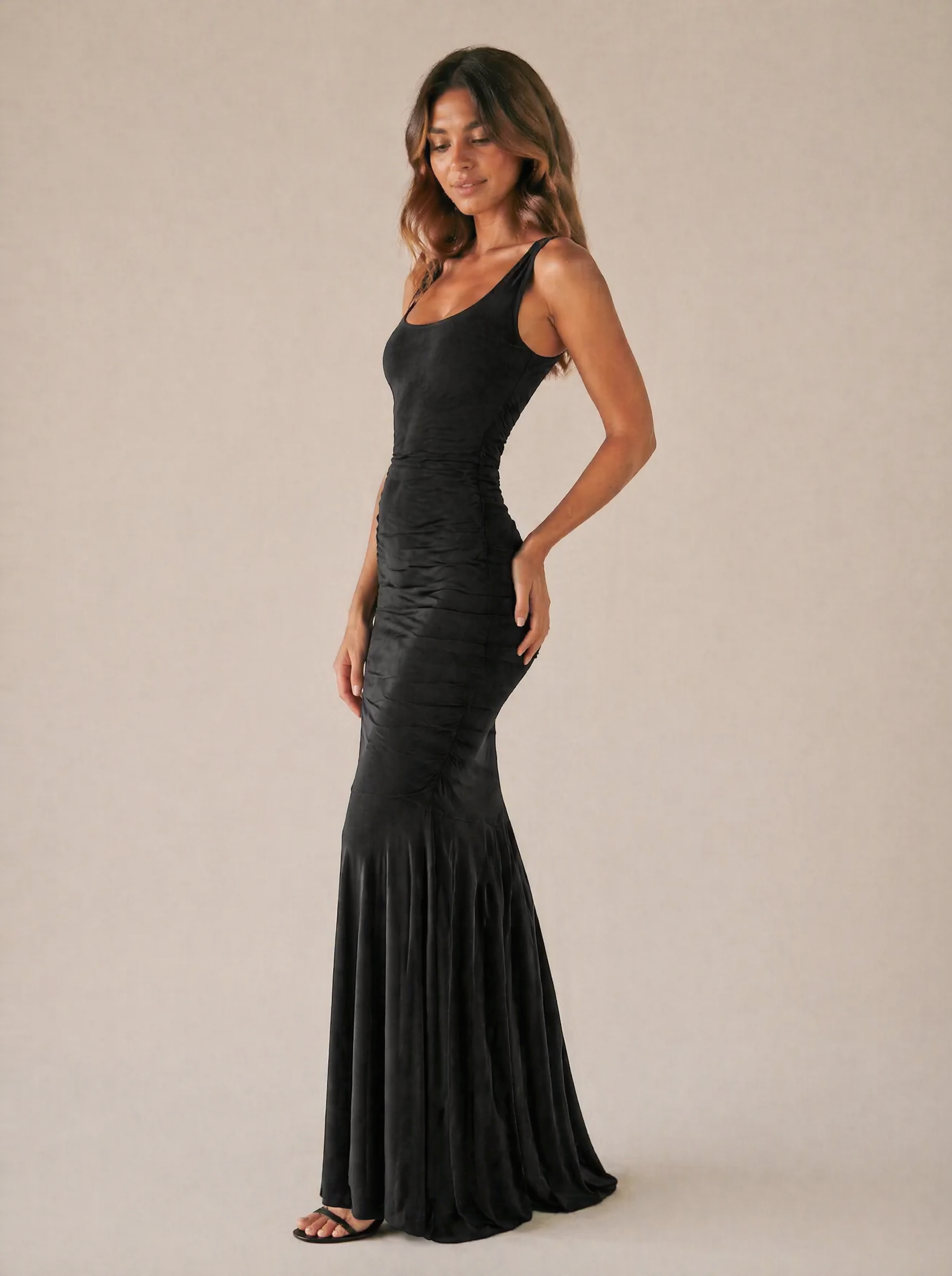 Ruched Sleeveless Maxi Dress in Black — 3/4 angle view