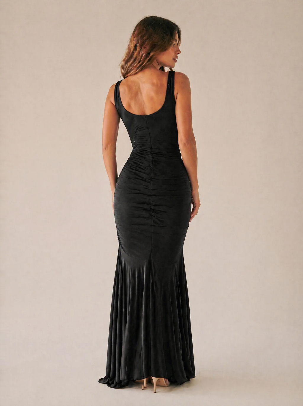 Ruched Sleeveless Maxi Dress in Black — Back view