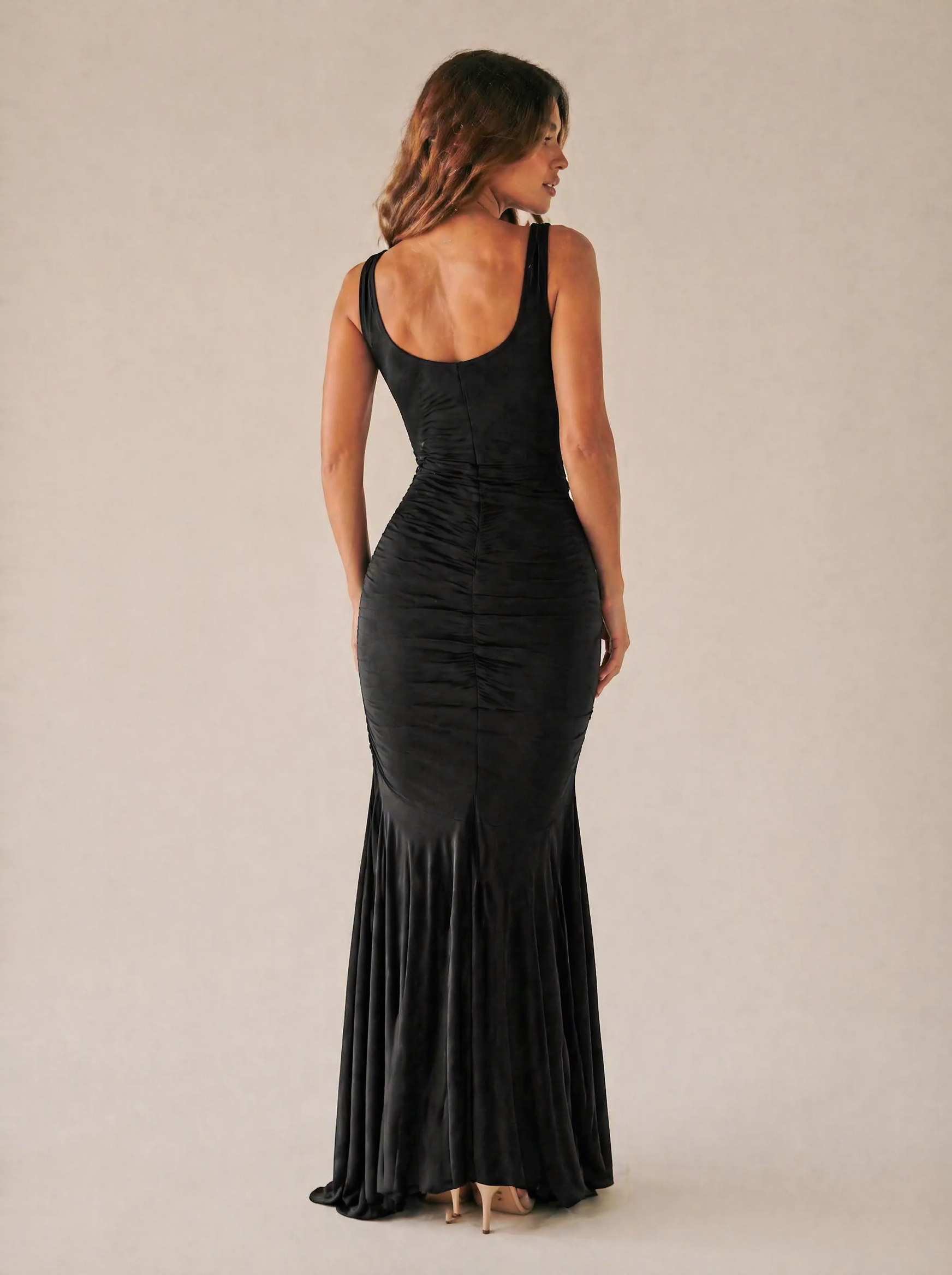 Ruched Sleeveless Maxi Dress in Black — Back view