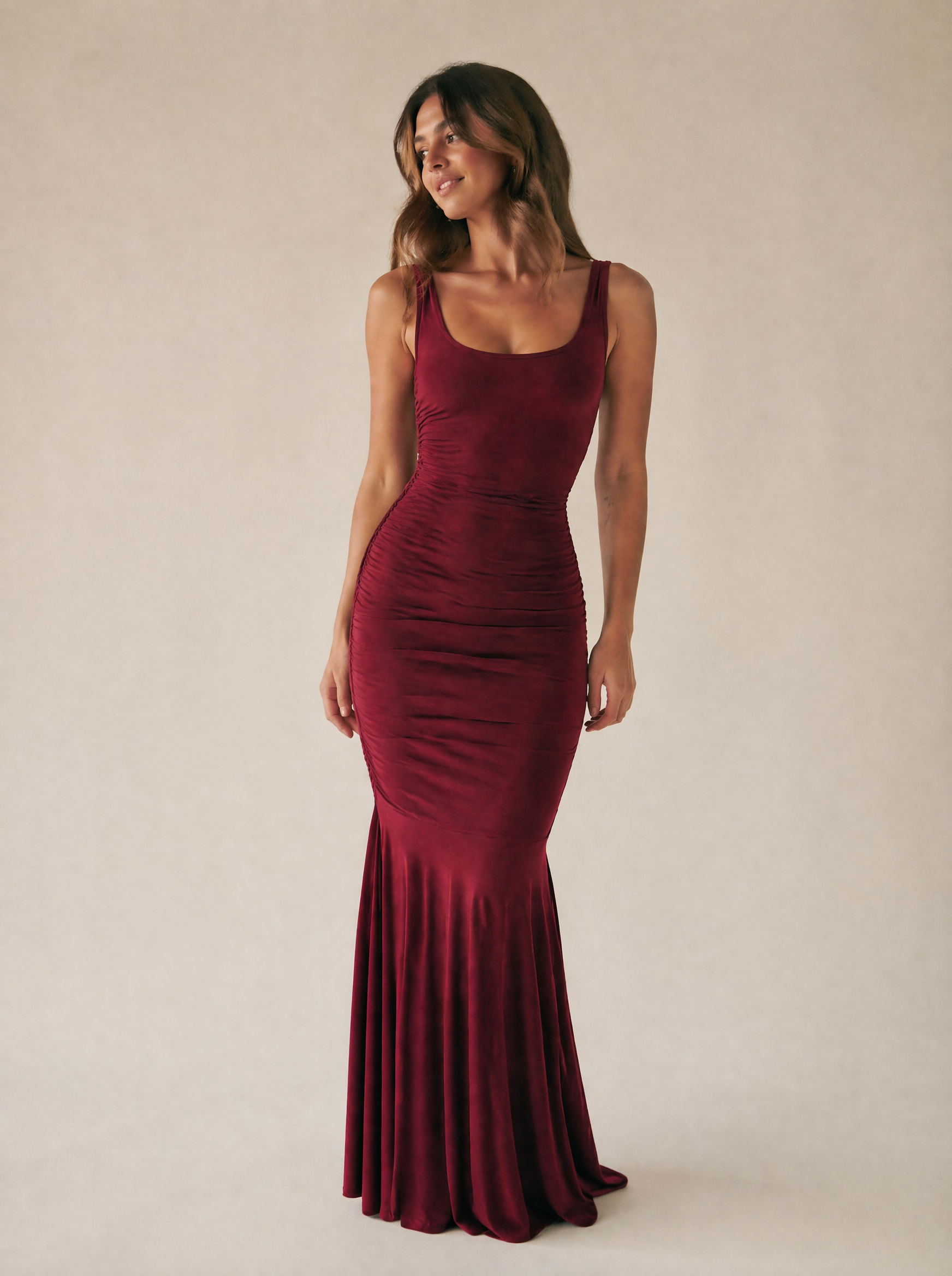 Ruched Sleeveless Maxi Dress in Burgundy — Front view