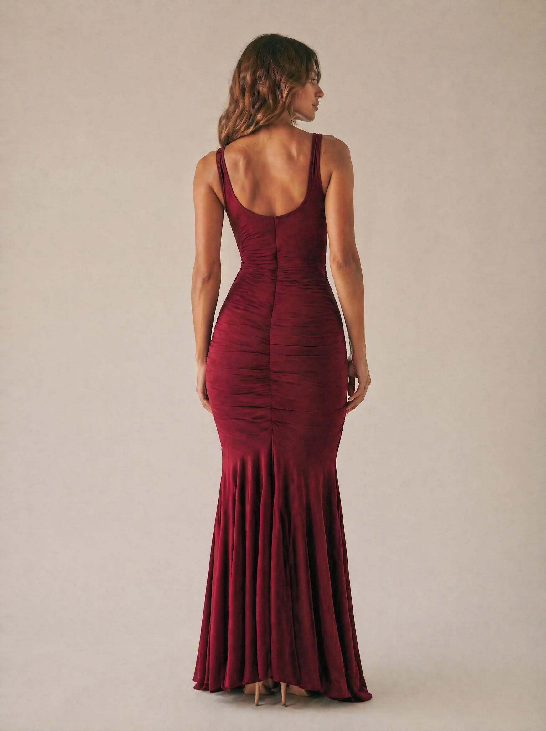 Ruched Sleeveless Maxi Dress in Burgundy — Back view