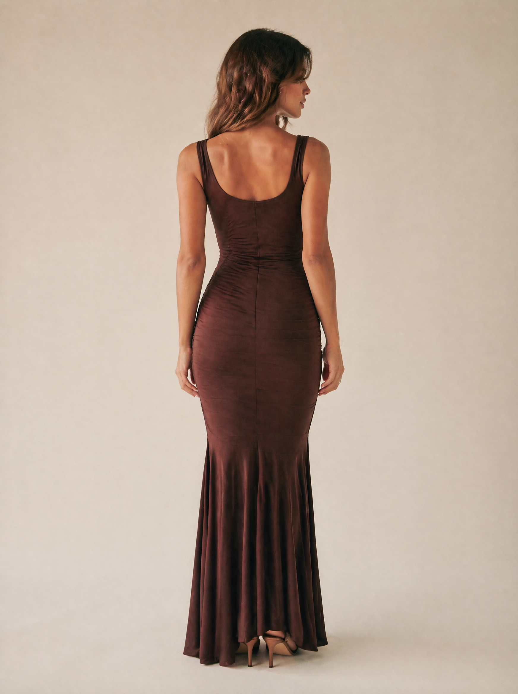Ruched Sleeveless Maxi Dress in Chocolate Brown — Back view