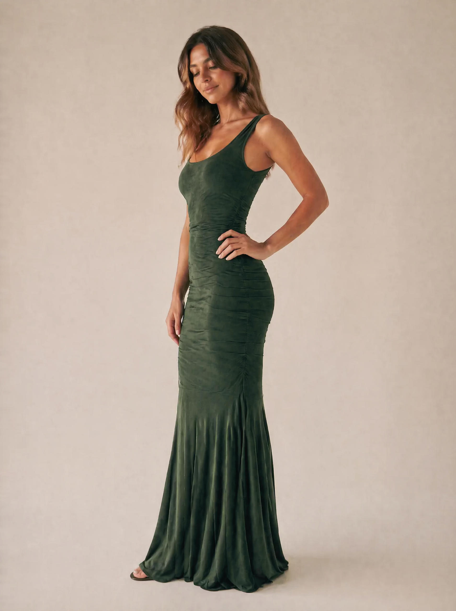 Ruched Sleeveless Maxi Dress in Forest Green — 3/4 angle view