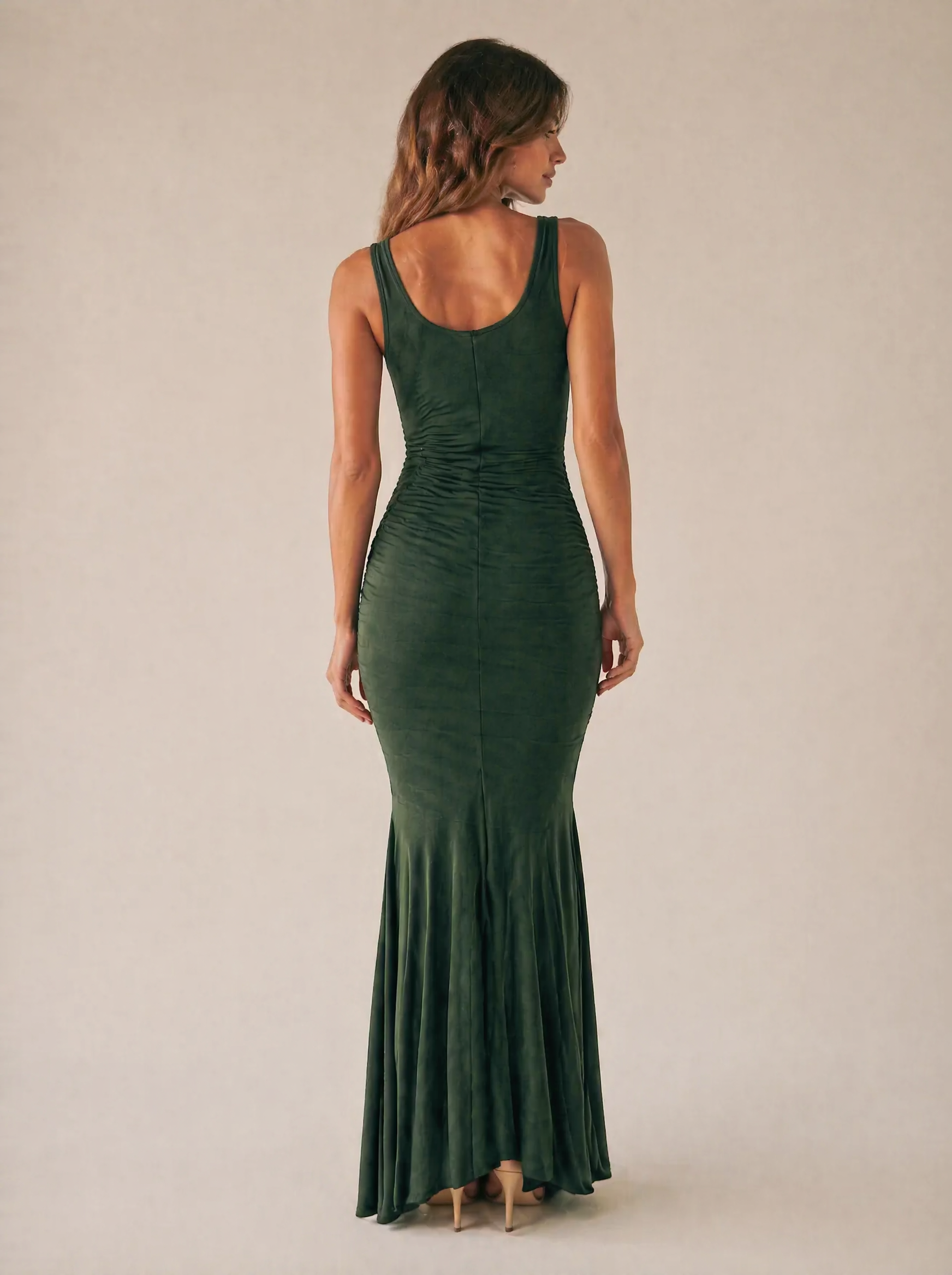 Ruched Sleeveless Maxi Dress in Forest Green — Back view