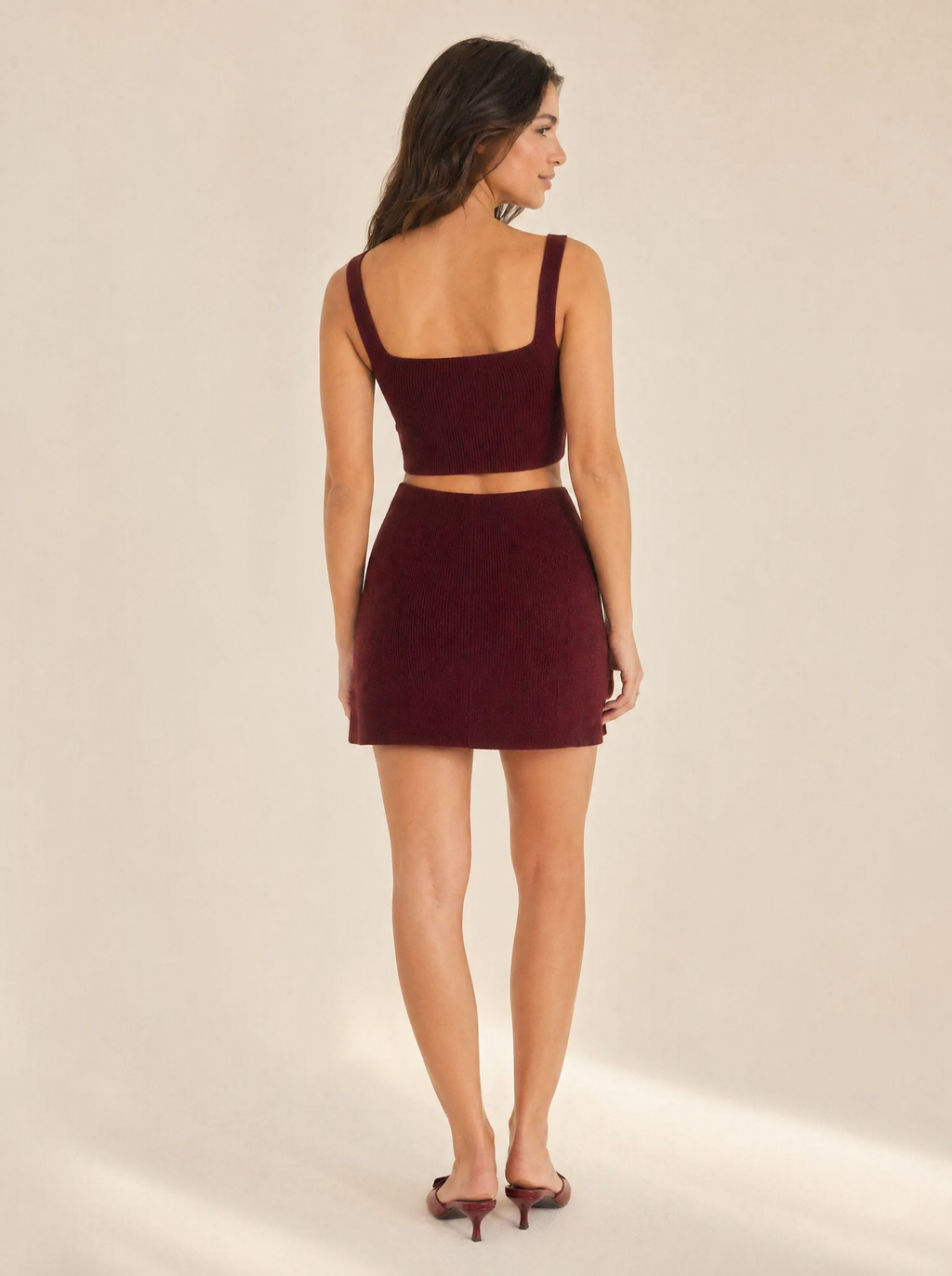 Knit Crop Top & Mini Skirt Set in Burgundy — Back view