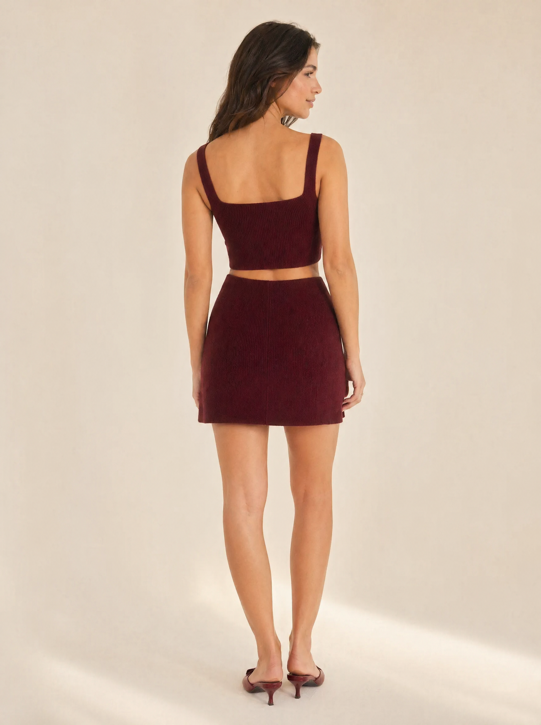 Knit Crop Top & Mini Skirt Set in Burgundy — Back view