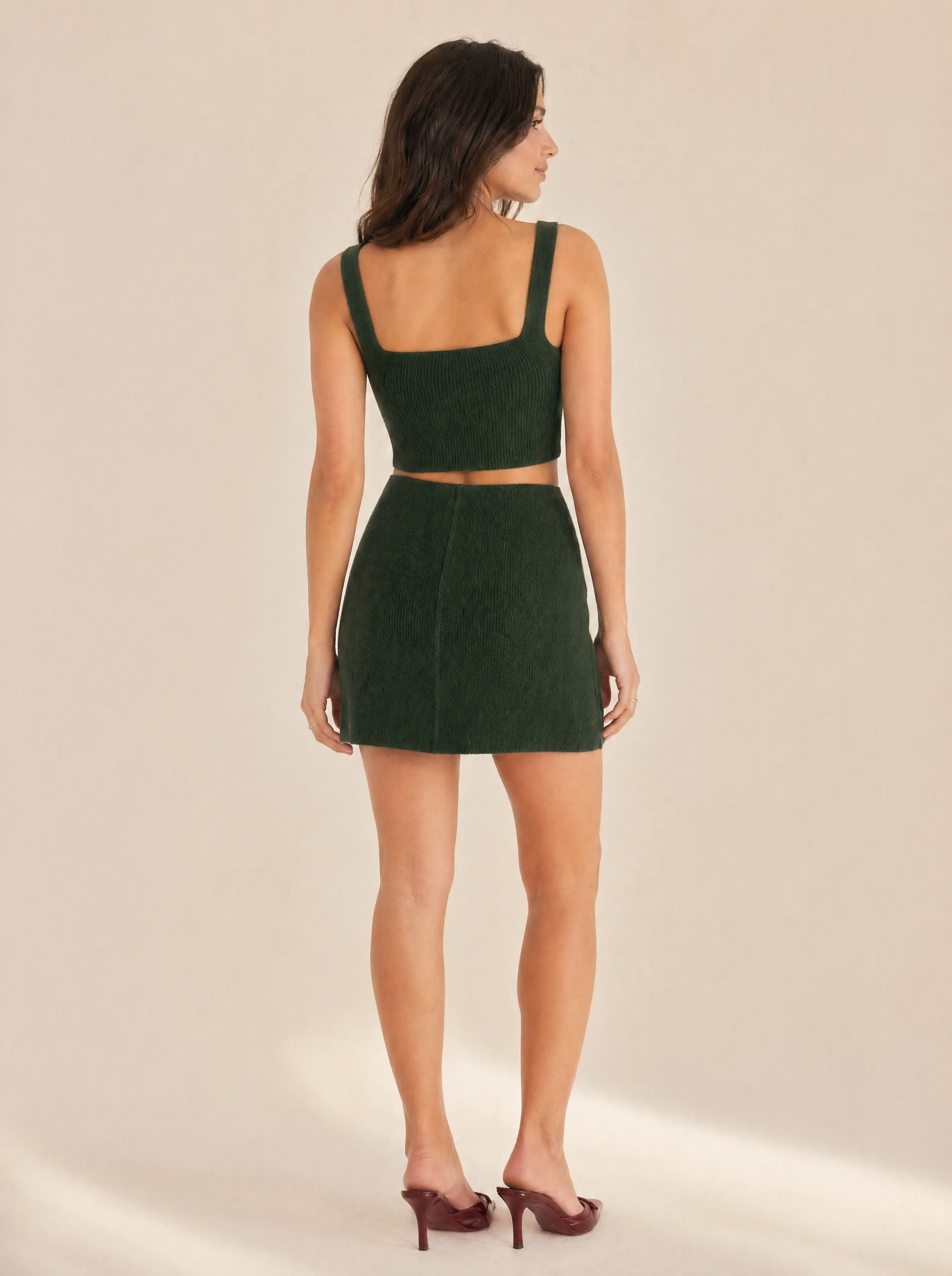 Knit Crop Top & Mini Skirt Set in Forest Green — Back view