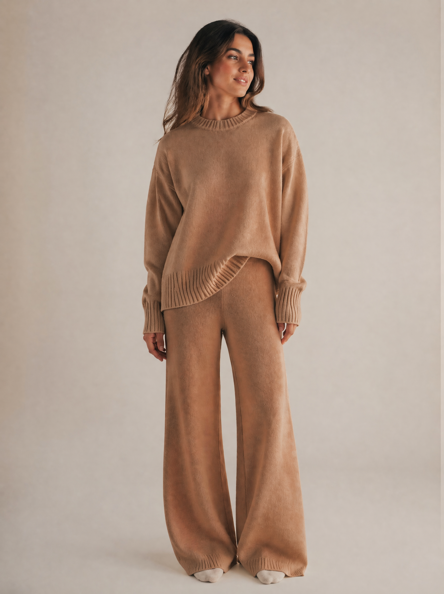 Oversized Knit Sweater & Wide Leg Pants Set in Camel — Front view