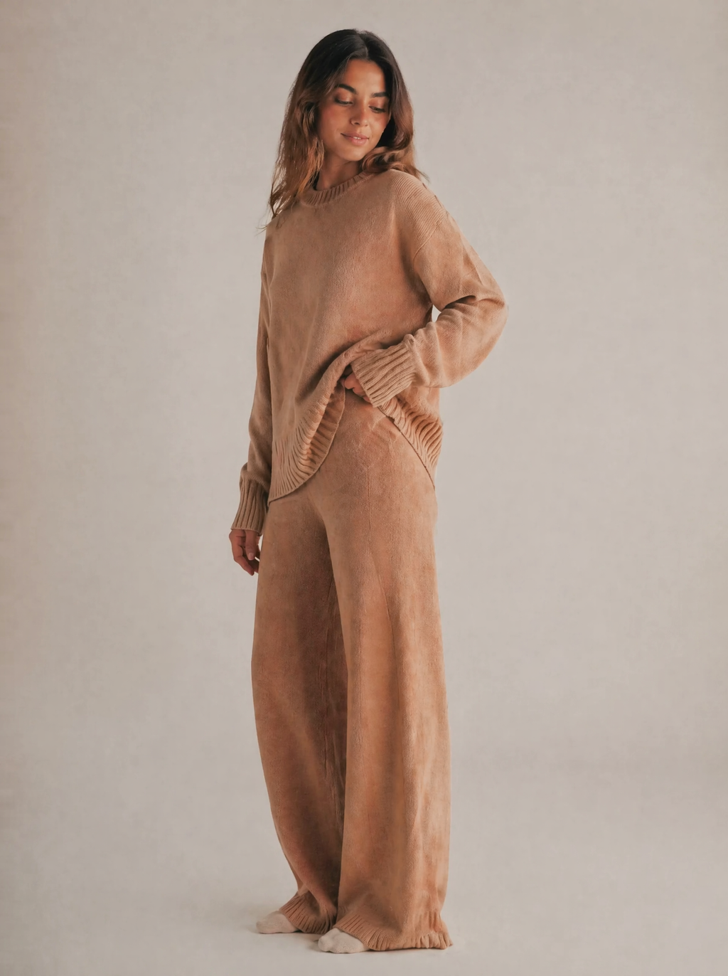 Oversized Knit Sweater & Wide Leg Pants Set in Camel — 3/4 angle view