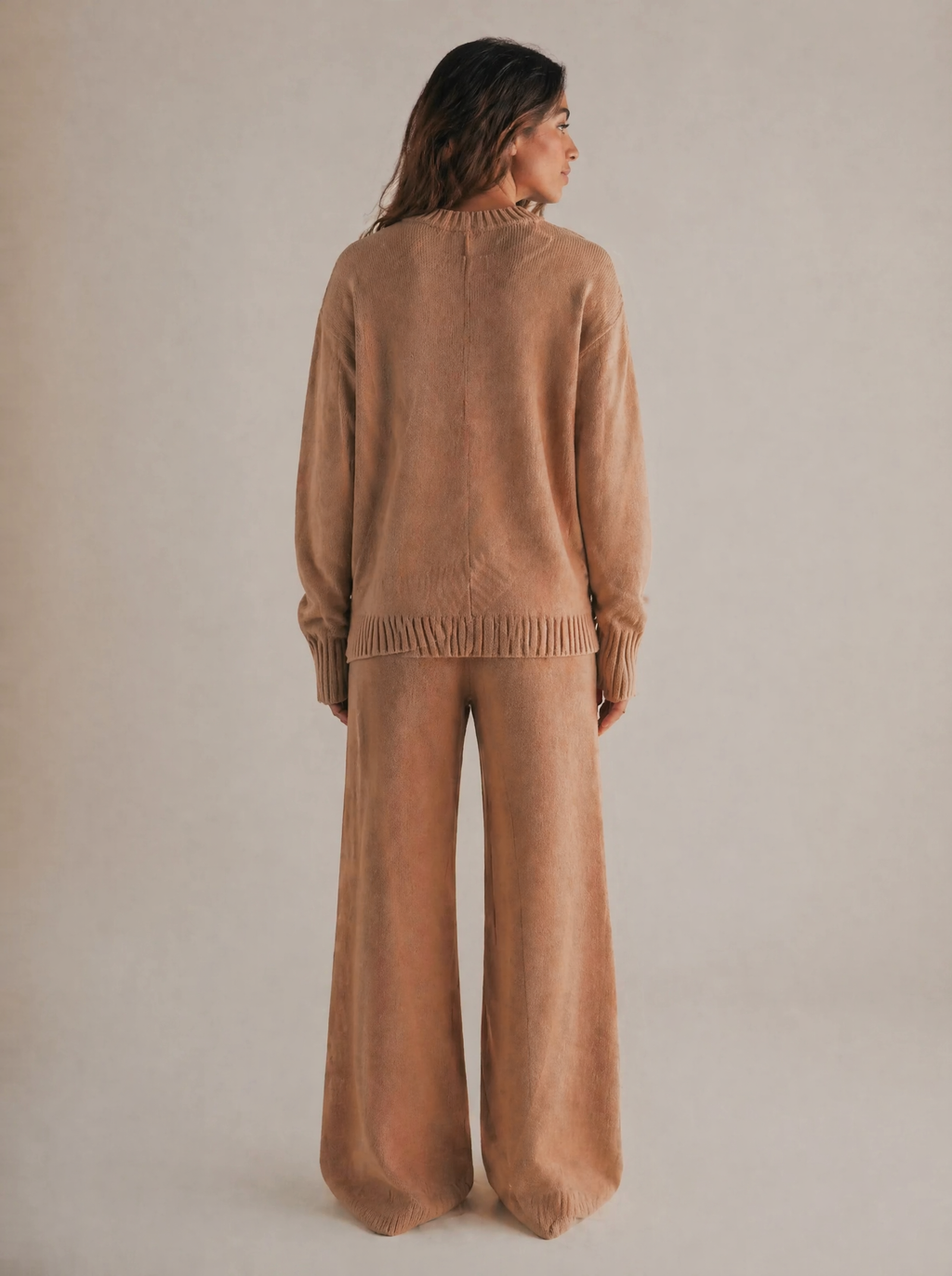 Oversized Knit Sweater & Wide Leg Pants Set in Camel — Back view