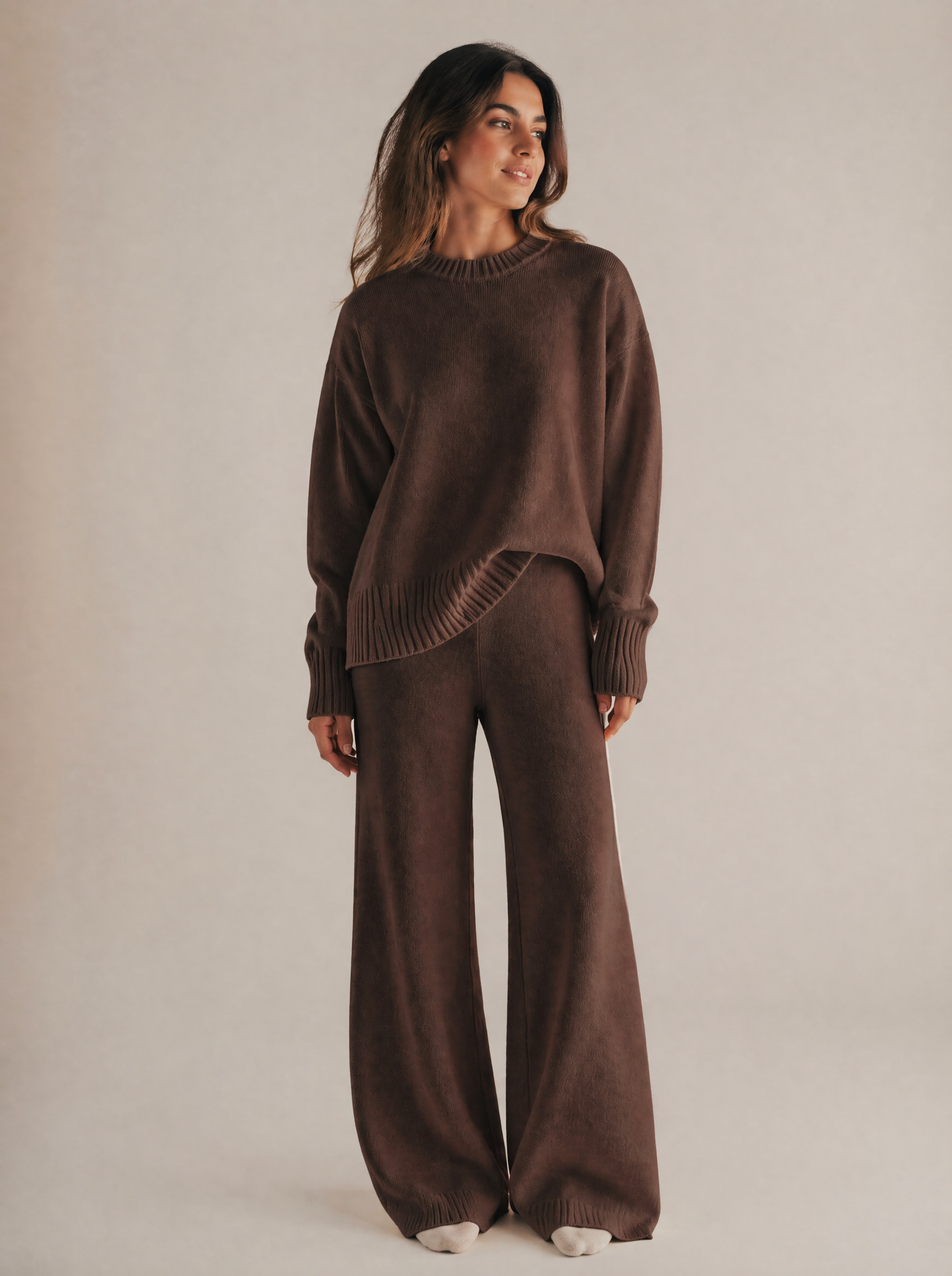 Oversized Knit Sweater & Wide Leg Pants Set in Chocolate Brown — Front view